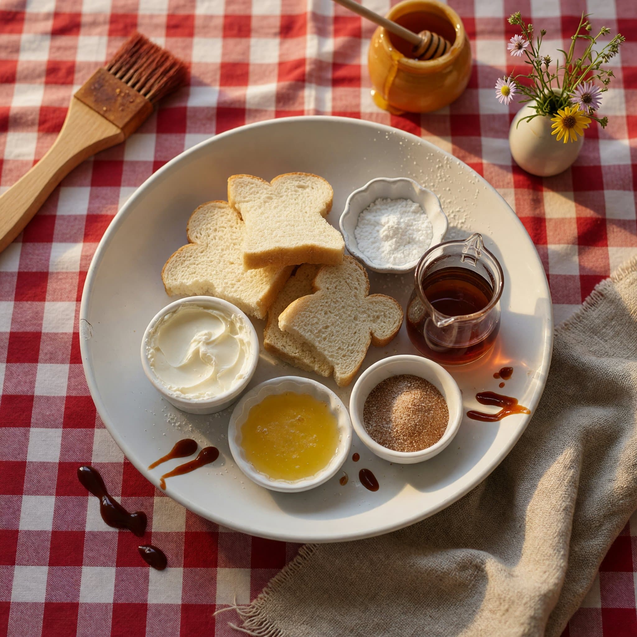 Overhead view of White Bread, Cream Cheese, Powdered Sugar, butter (melted ), Cinnamon Sugar and Maple Syrup arranged on a table