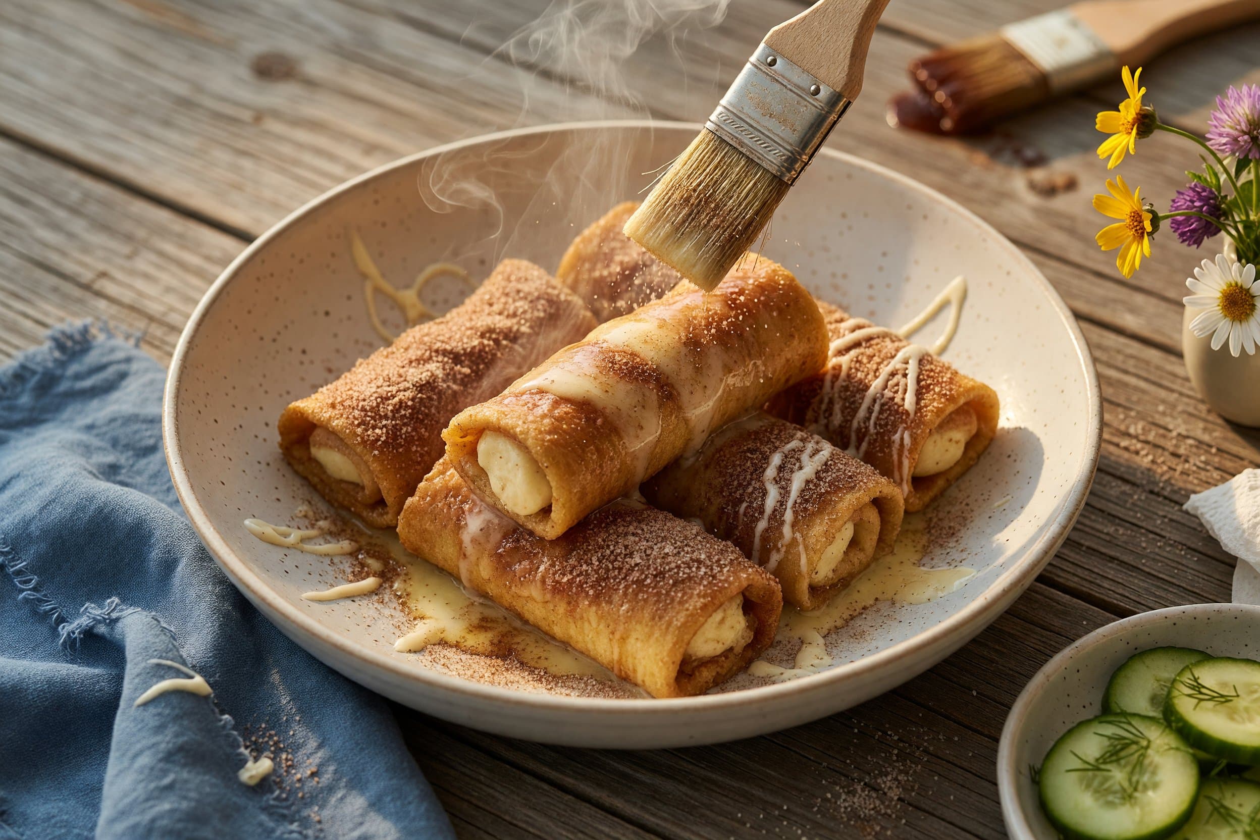 Coat your rolled bread sticks in melted butter and cinnamon sugar then place on while preparing Cheesecake Stuffed French Toast Roll Ups