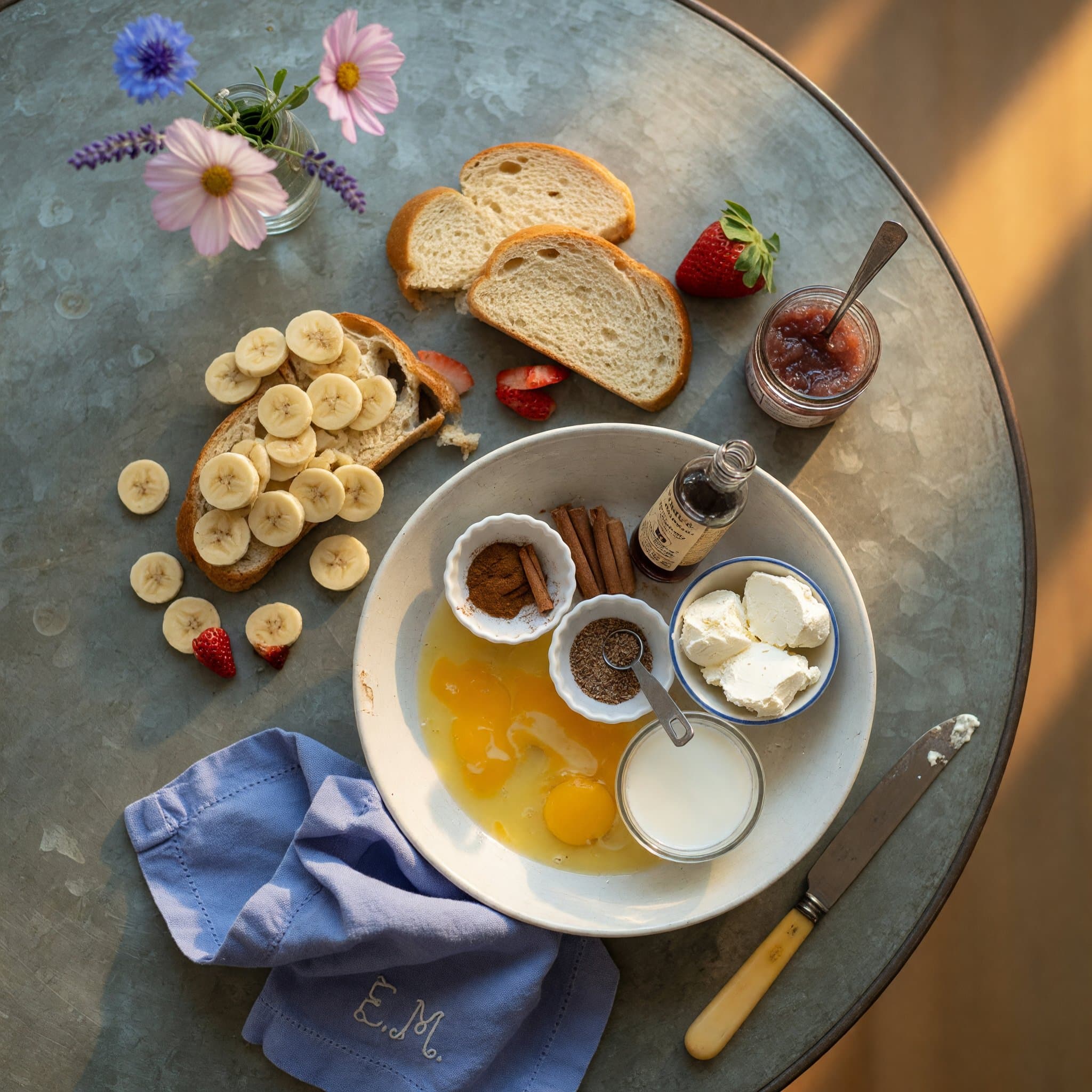 Overhead view of Milk, Eggs (Beaten), Nutmeg, Cinnamon, Vanilla Extract, Cream Cheese, Bread and Bananas (Thinly Sliced) arranged on a table