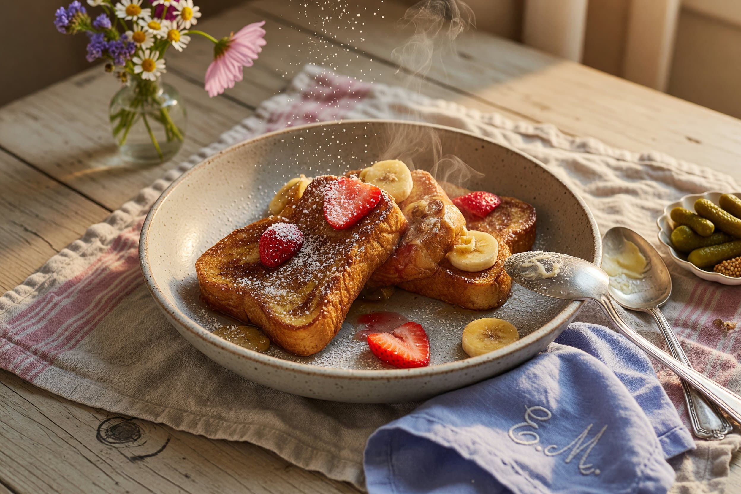 To serve, garnish with additional fruit and sprinkle with powdered sugar while preparing Strawberry Banana French Toast