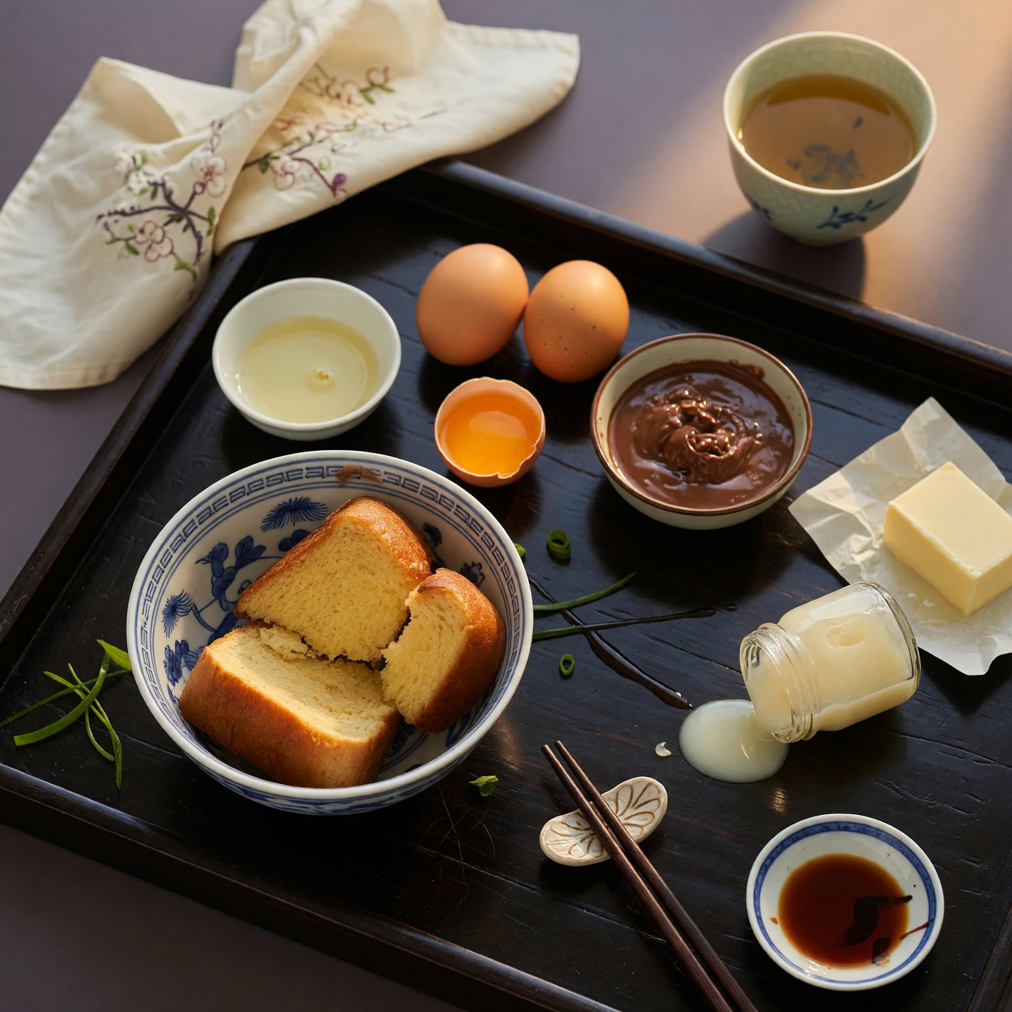 Overhead view of Brioche Bread, Nutella, Eggs (Large), Neutral Oil, Sweetened condensed milk (for topping) and Butter arranged on a table