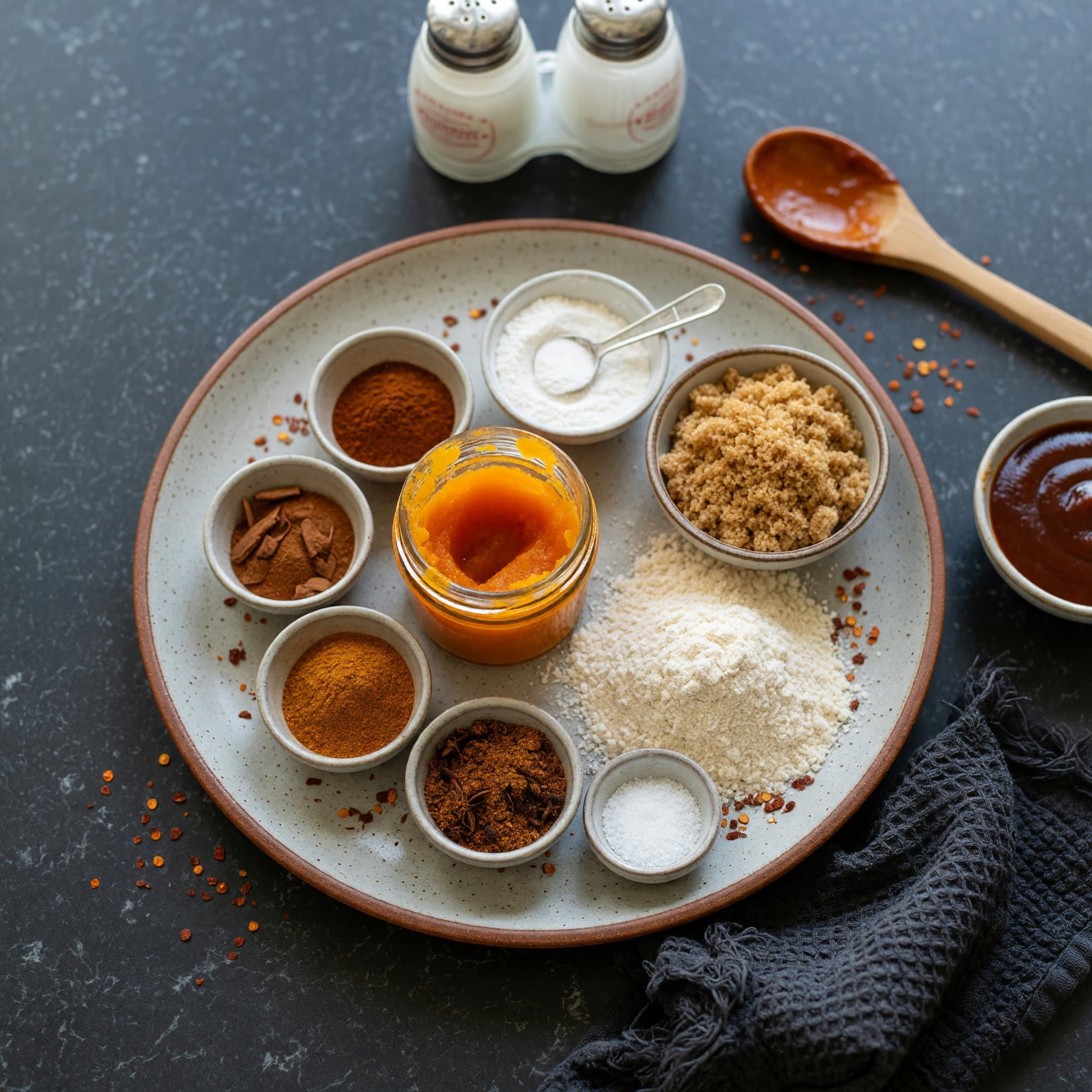 Overhead view of Pumpkin Puree, All-Purpose Flour, Baking Powder, Light Brown Sugar, Cinnamon, Pumpkin Pie Spice, Five Spice Powder and Salt arranged on a table