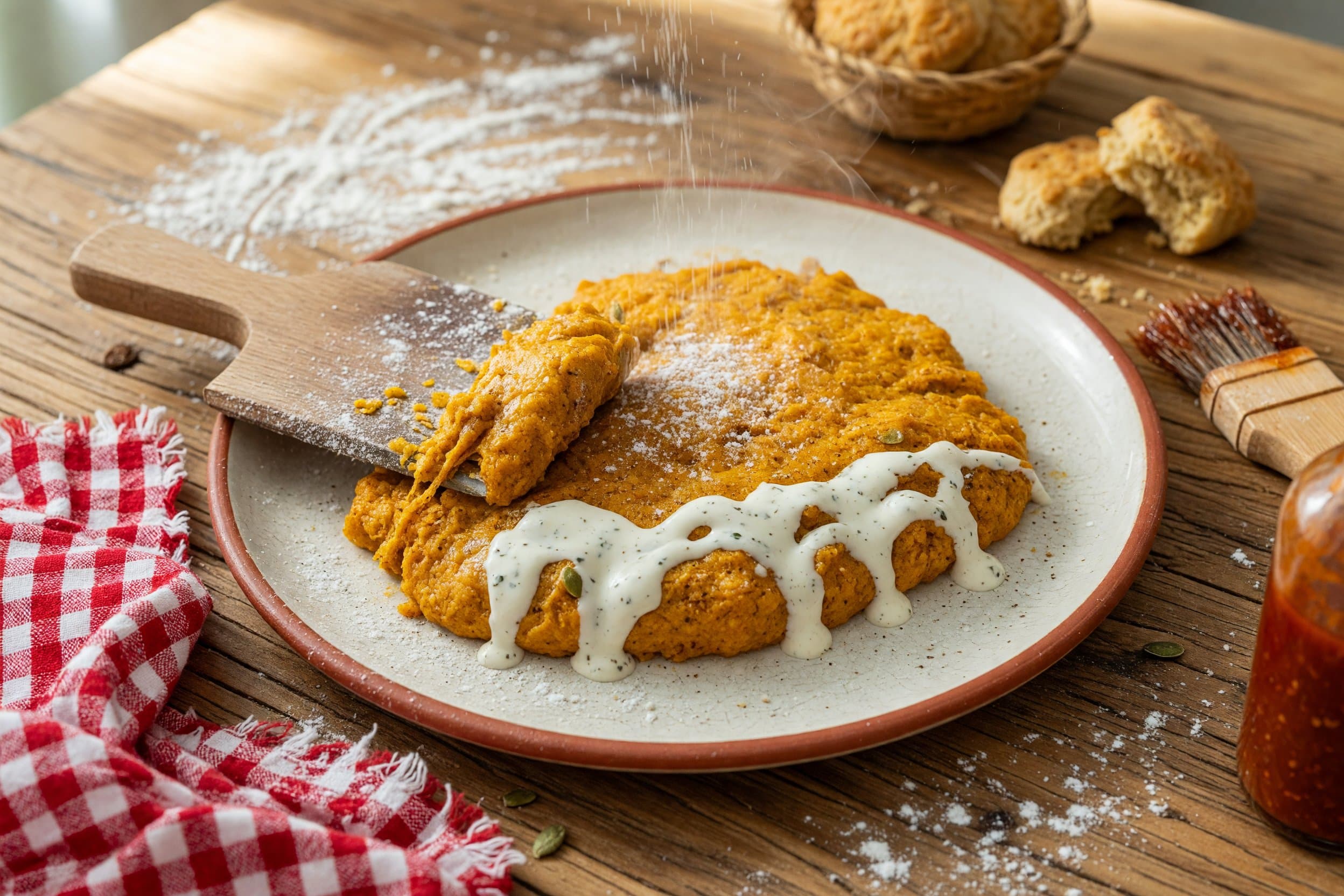 Mix your dough until it’s lightly sticky then turn onto a floured surface and fl while preparing Super Soft Pumpkin Scones