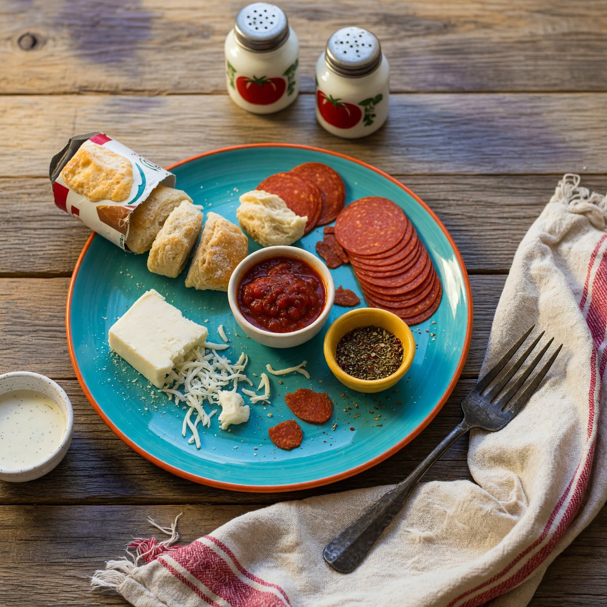 Overhead view of biscuits (refrigerated), Mozzarella Cheese, Tomato Sauce, Pepperoni and Italian Seasoning arranged on a table