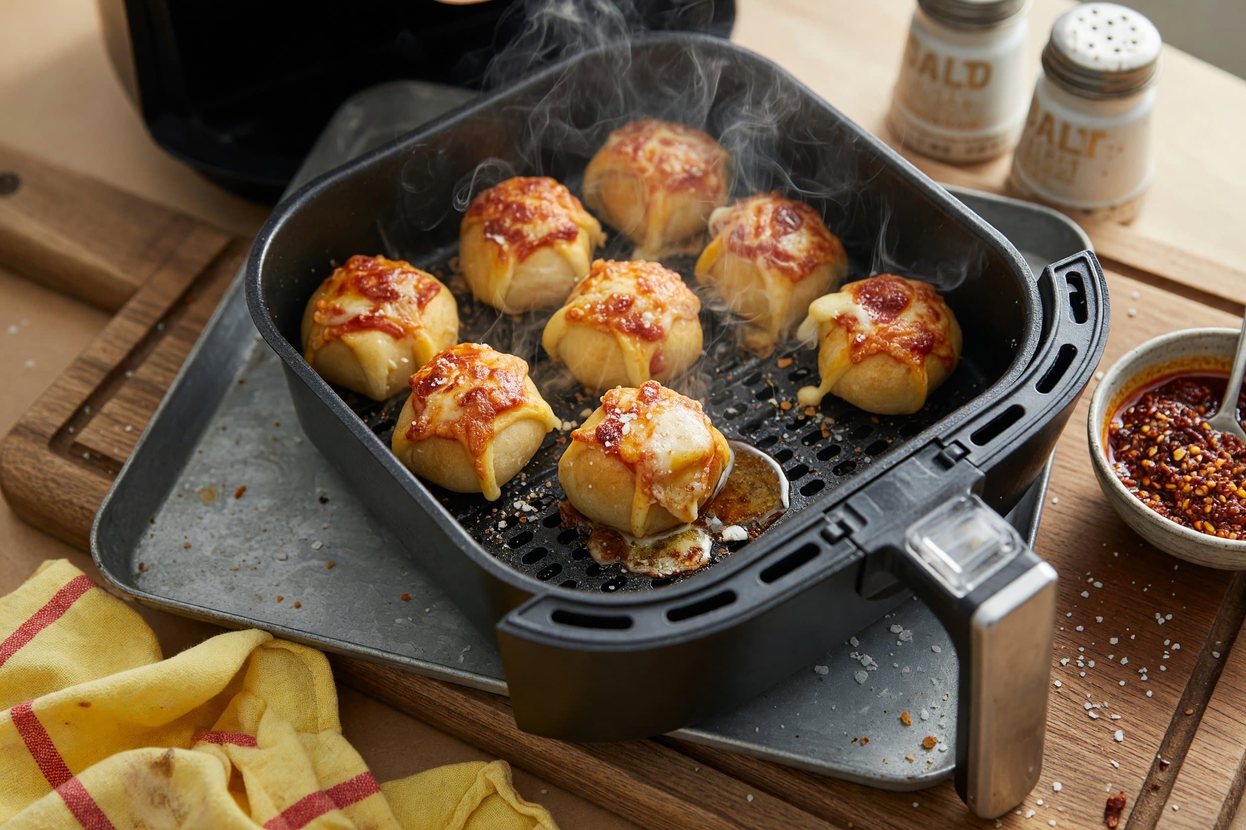 Air fry your pizza balls for 5-7 minutes or until golden brown while preparing Easy Air Fryer Pizza Bites