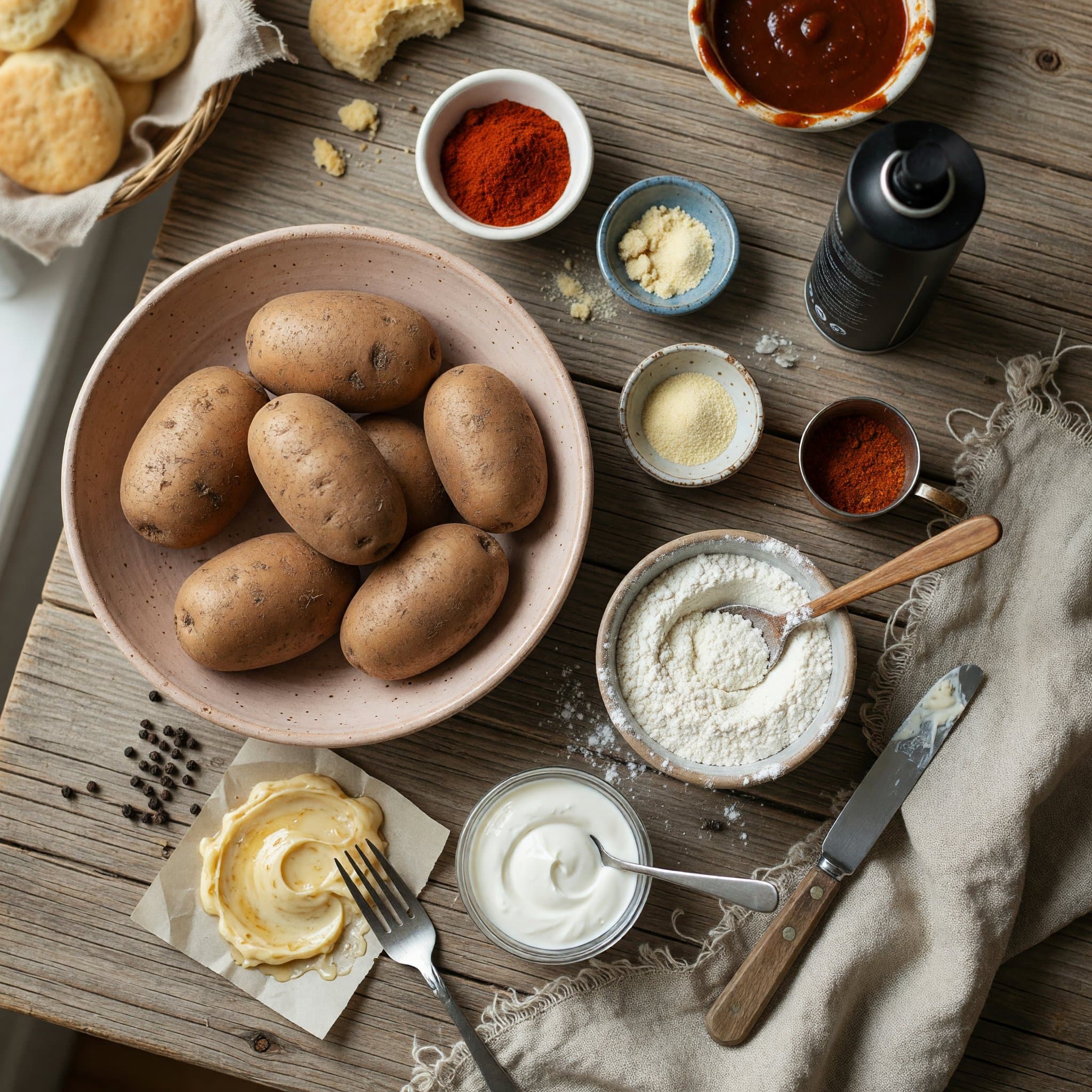 Overhead view of Potatoes, Paprika, Garlic Powder, Onion Powder, Cayenne Pepper, All-Purpose Flour, Cooking Spray and Sour Cream arranged on a table