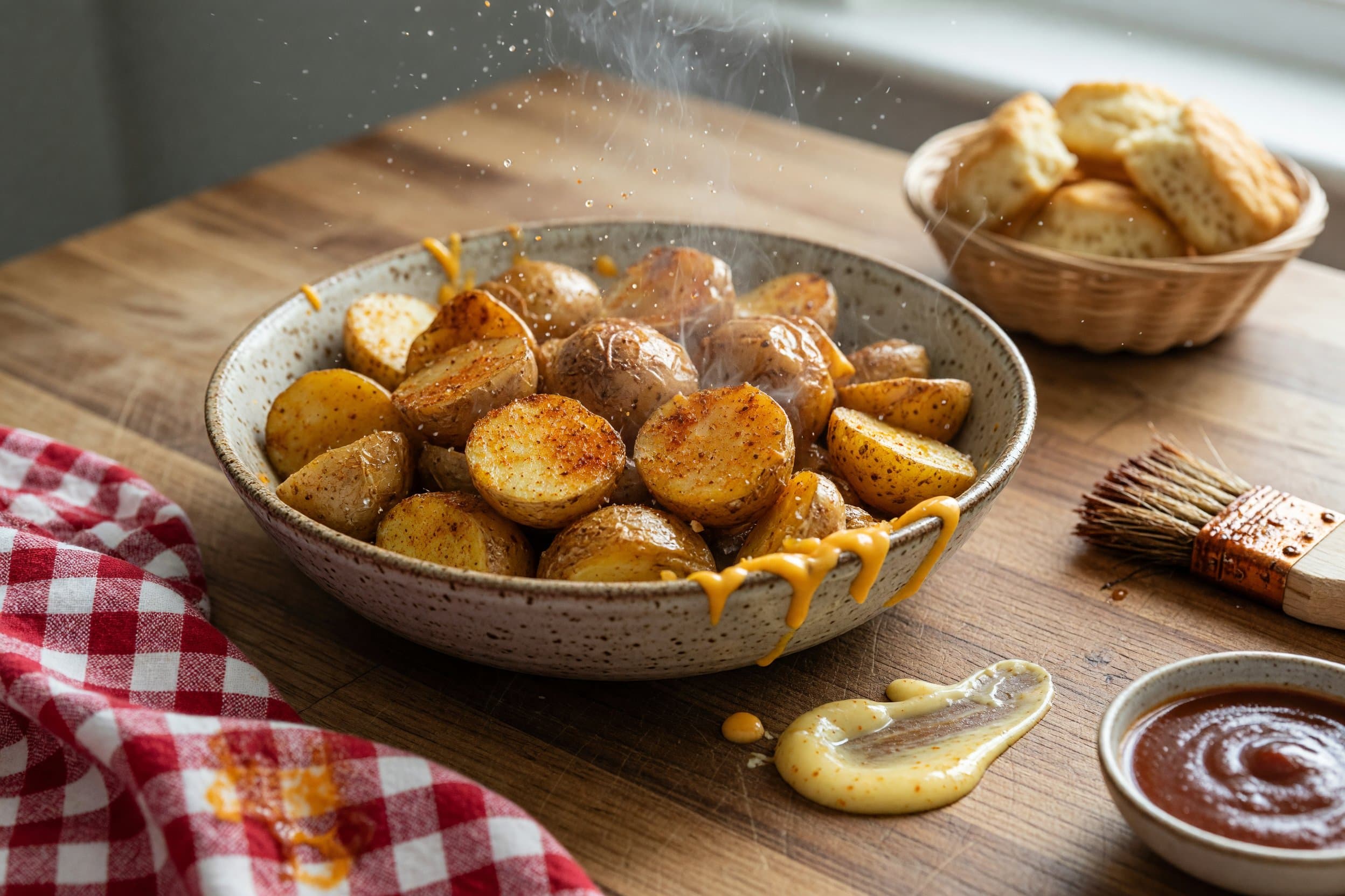 Pre heat your air fryer to 385°F and place your potatoes in and spray with a goo while preparing Cheesy Fiesta Potatoes