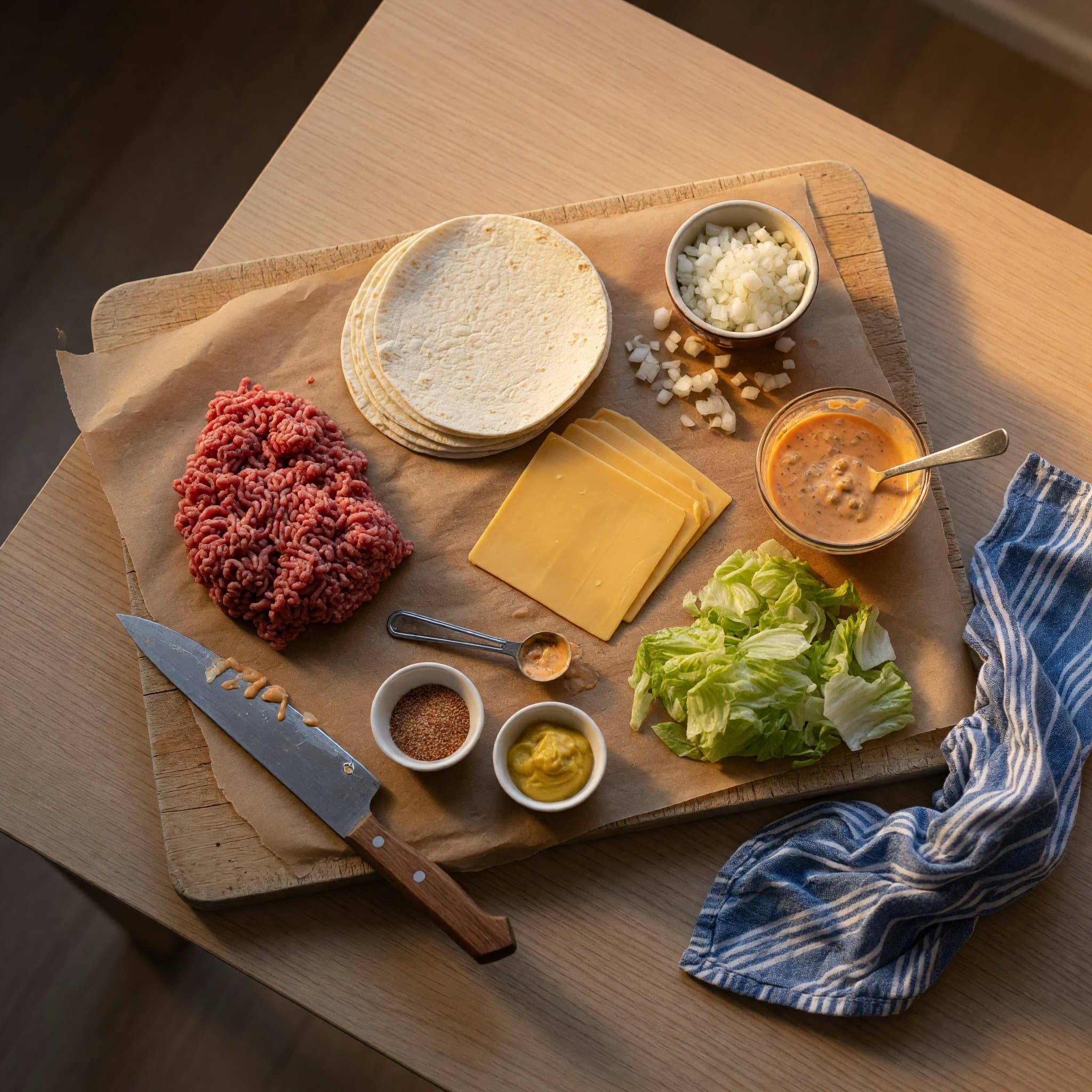 Overhead view of Flour Tortillas, Ground Beef, White Onion, Lettuce, Burger Sauce, Flour Tortillas and American Cheese arranged on a table