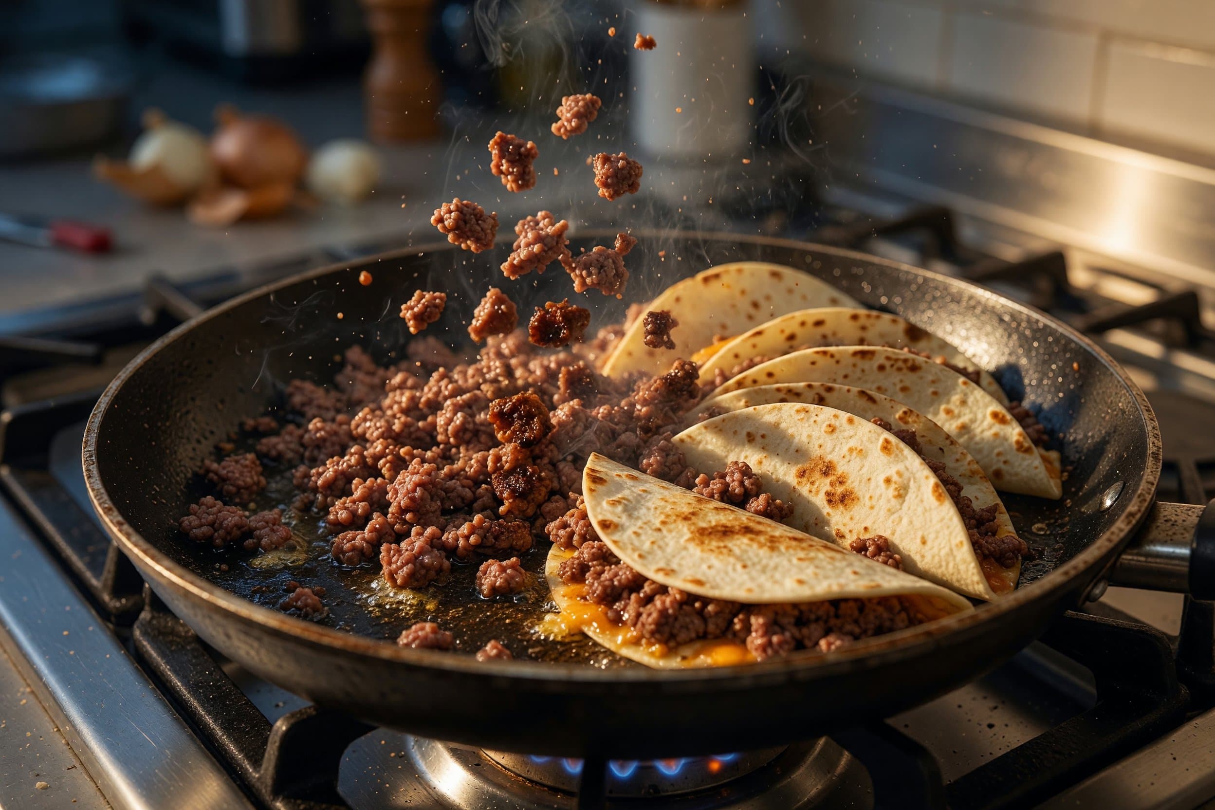 Searing ground beef while preparing The BEST Big Mac Crunchwraps