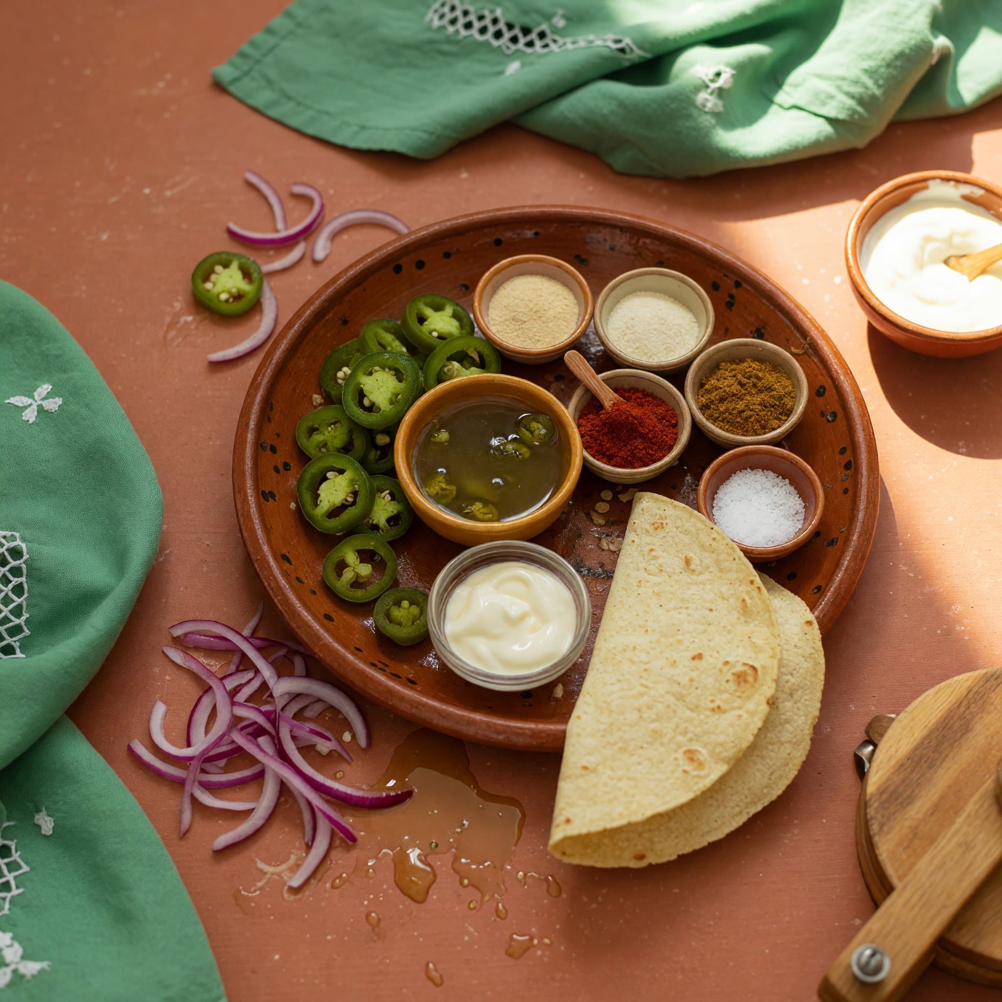 Overhead view of Pickled JalapeñOs (Sliced ), Pickled JalapeñO Juice, Mayonnaise, Garlic Powder, Onion Powder, Paprika, Cumin and Salt arranged on a table