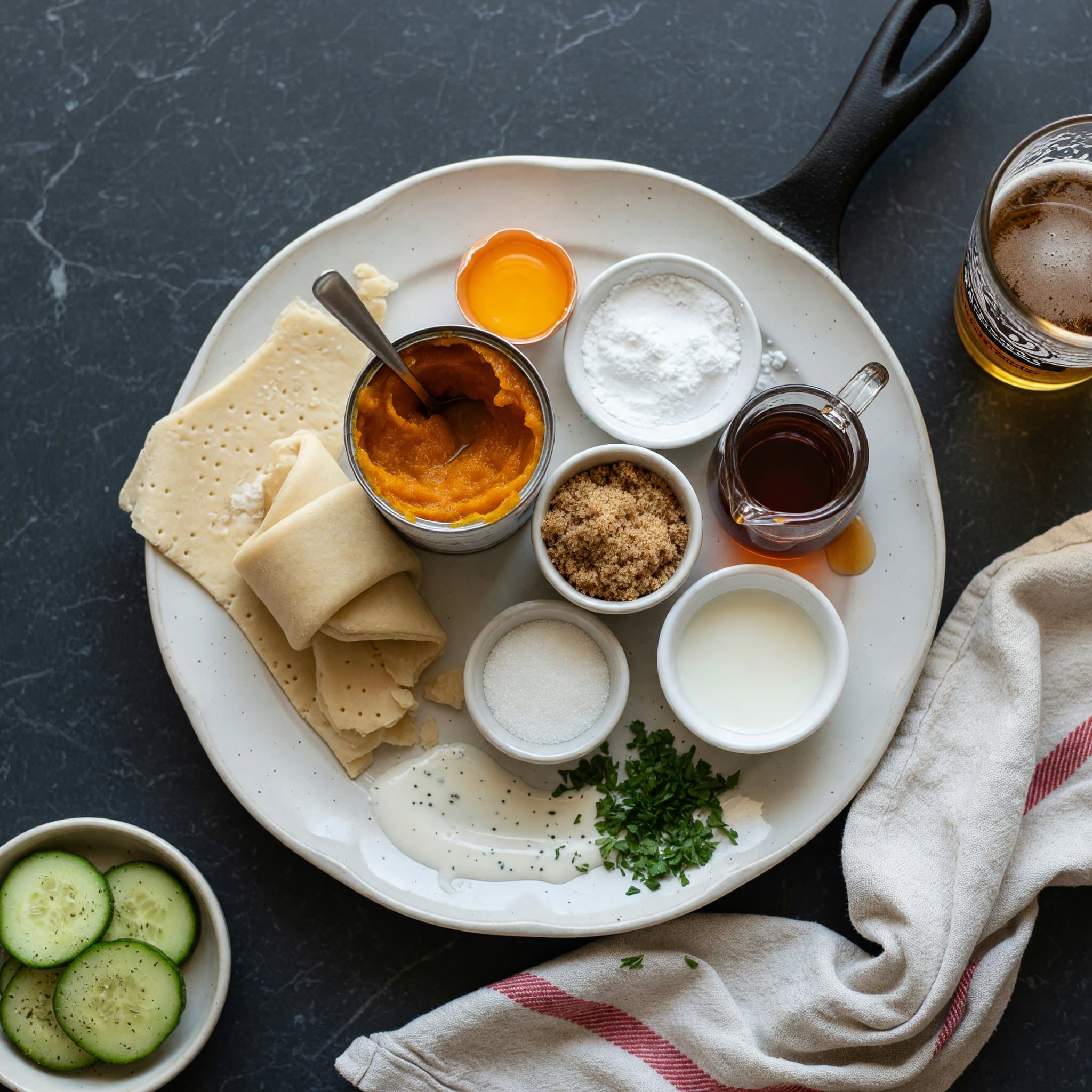 Overhead view of Crescent Rolls, Pumpkin Puree, Light Brown Sugar, Granulated Sugar, egg yolk, Powdered Sugar, Maple Syrup and Milk arranged on a table