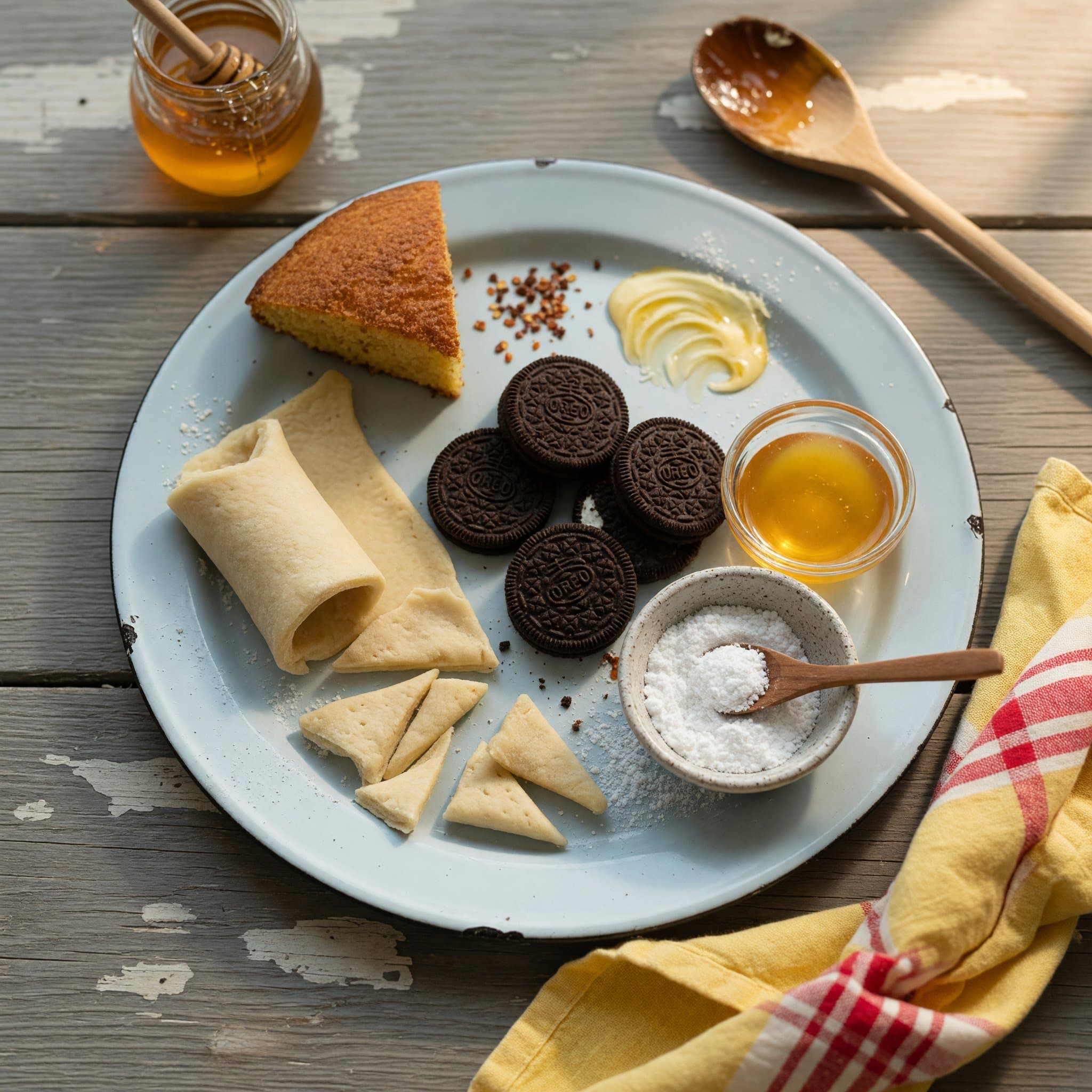 Overhead view of Crescent Roll Dough, Oreos and Powdered Sugar arranged on a table
