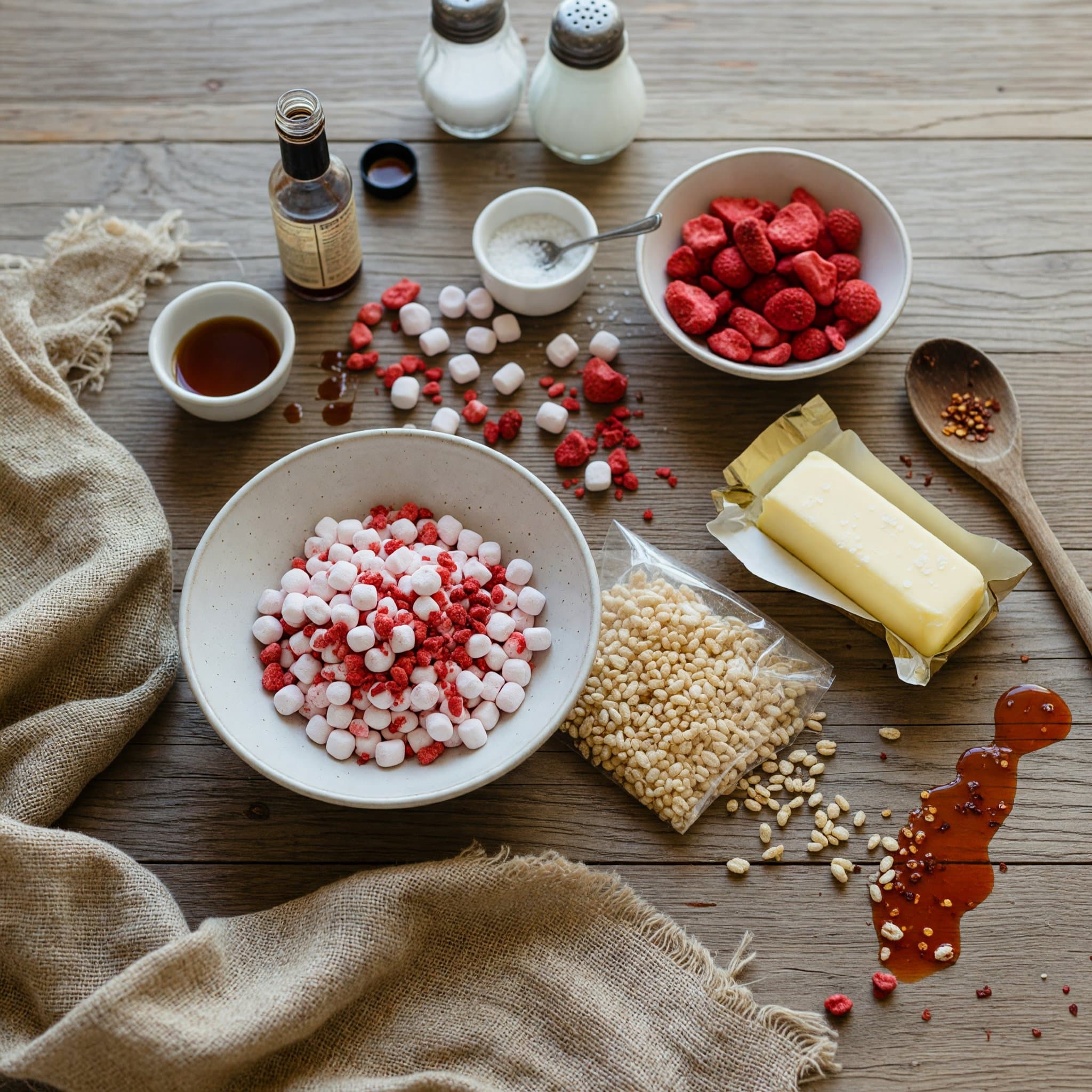 Overhead view of Mini Marshmallows, Vanilla Extract, Crisped Rice Cereal, Salted Butter and Freeze Dried Strawberries arranged on a table