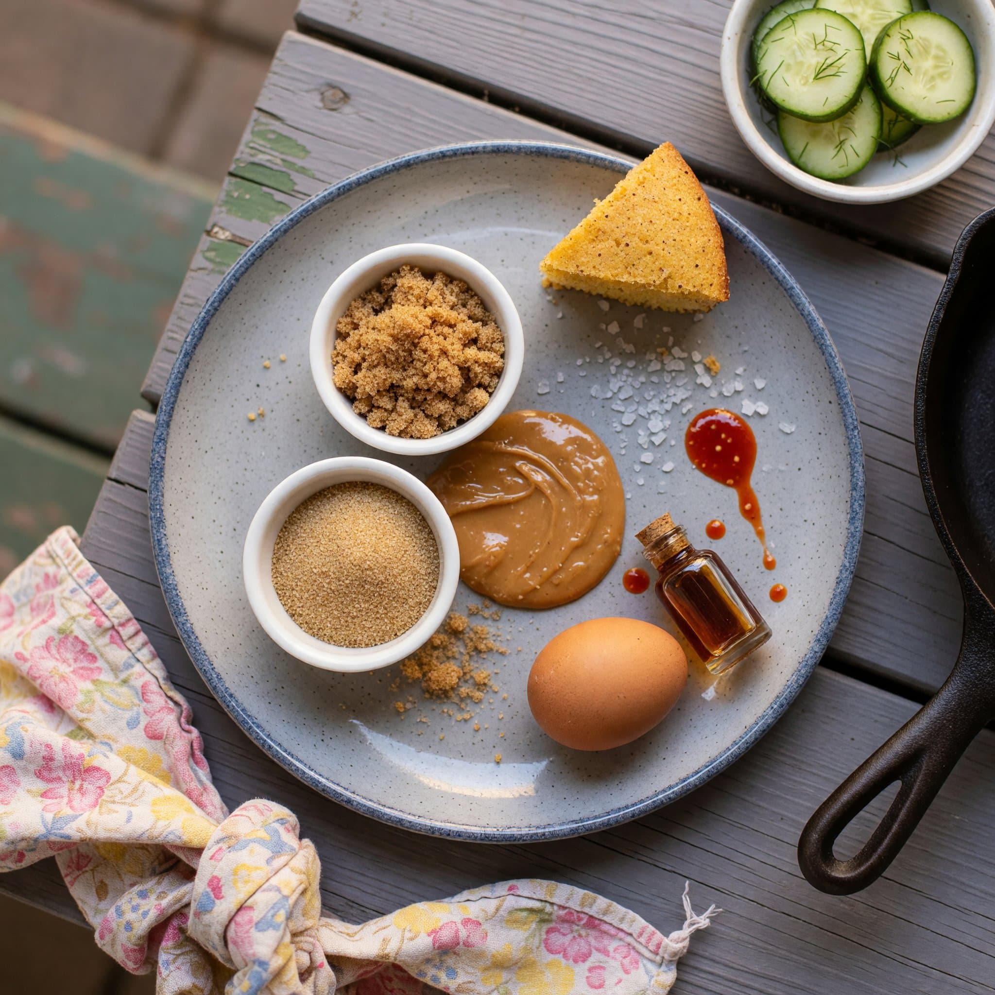 Overhead view of Light Brown Sugar, Granulated Sugar, Peanut Butter, egg and Vanilla Extract arranged on a table