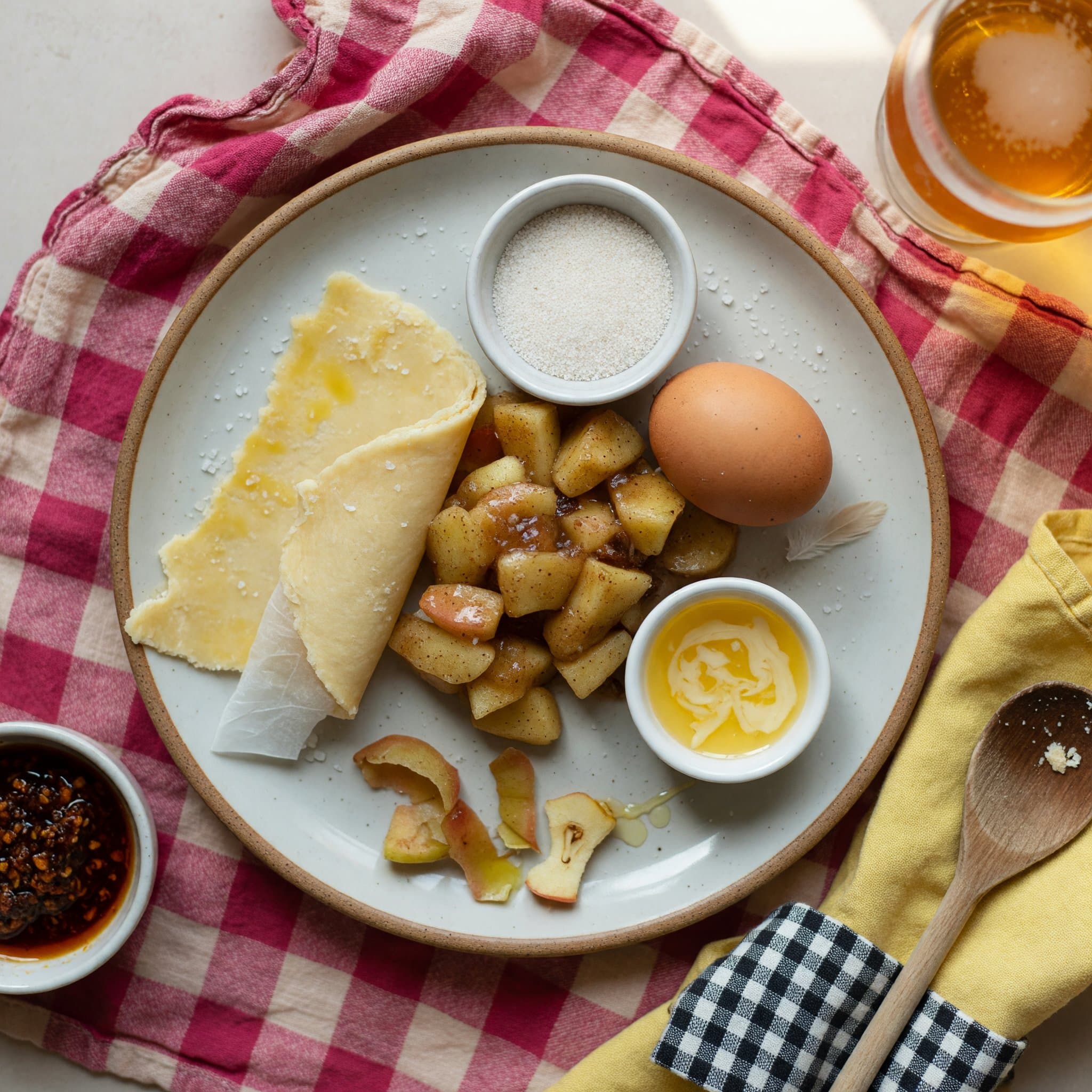 Overhead view of Pie Crust, Apple Pie Filling, egg (large) and sugar (for topping) arranged on a table