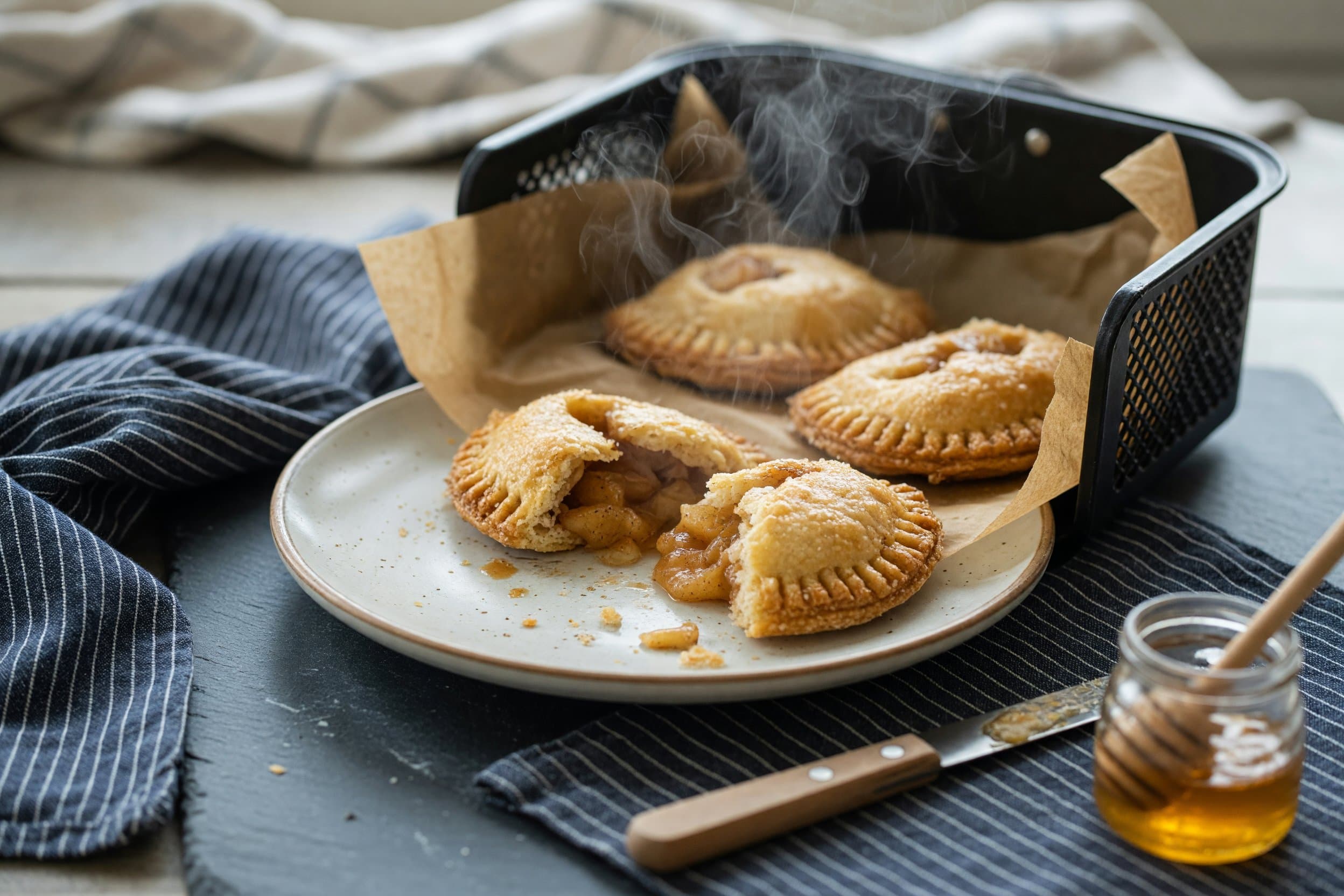 Pre heat your air fryer to 350℉ then bake your hand pies for 7-8 minutes while preparing Air Fryer Apple Hand Pies