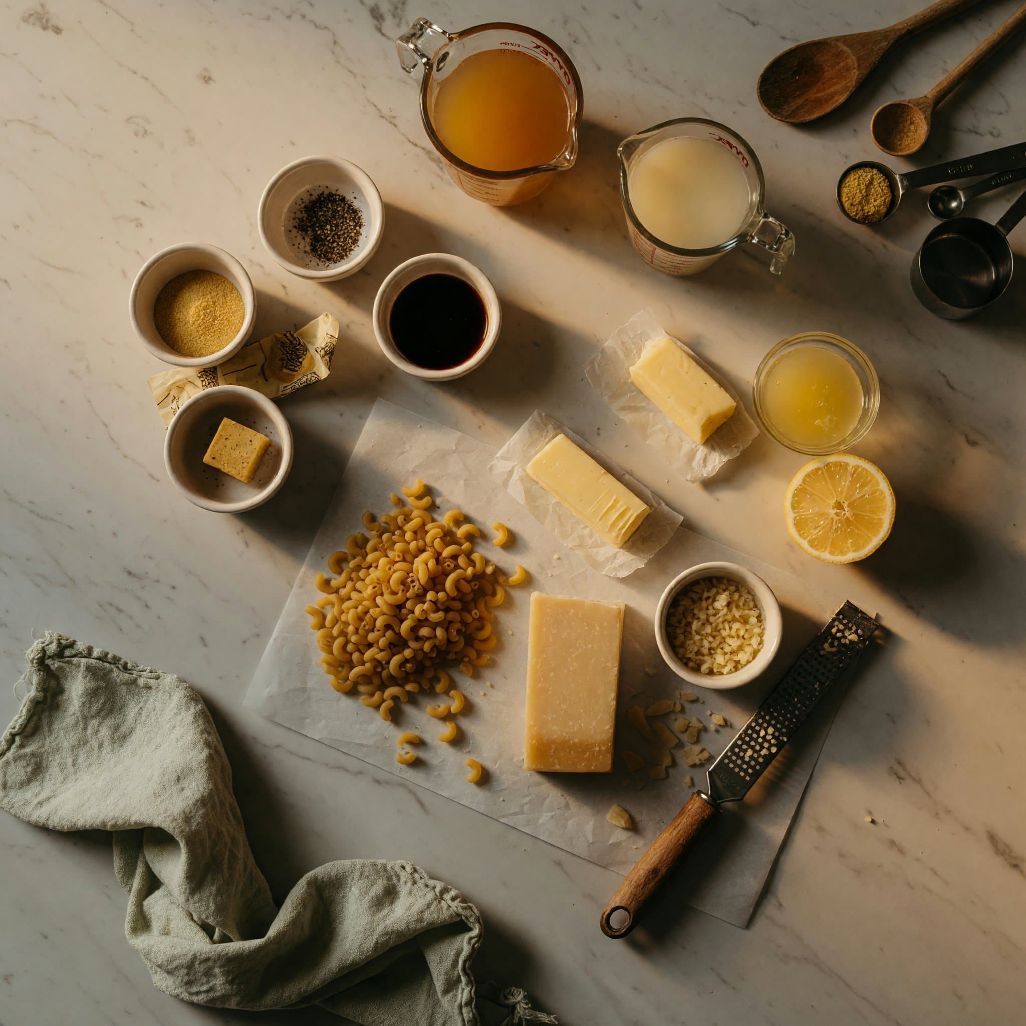 Overhead view of Mustard Powder, Black Pepper, Butter, Fresh Garlic, Chicken Broth, Half Half, Soy Sauce and Chicken Bouillon Cube arranged on a table