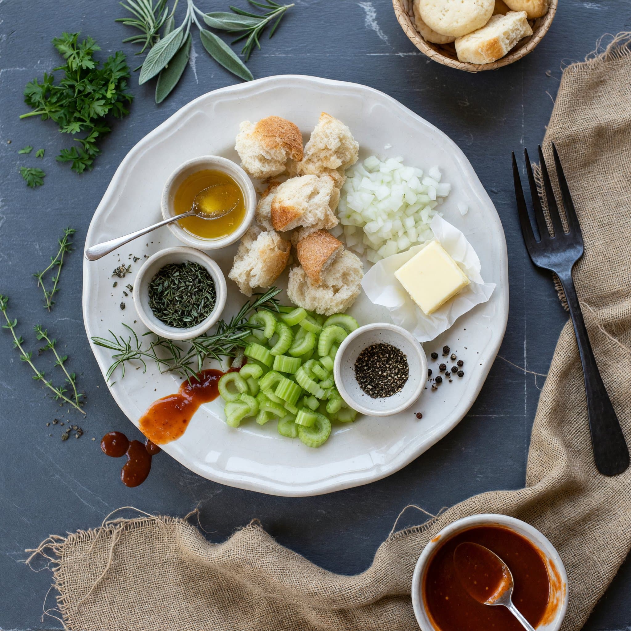 Overhead view of White Bread, onion (finely chopped), Butter, Celery, Fresh Parsley, Fresh Sage, Fresh Rosemary and Fresh Thyme arranged on a table