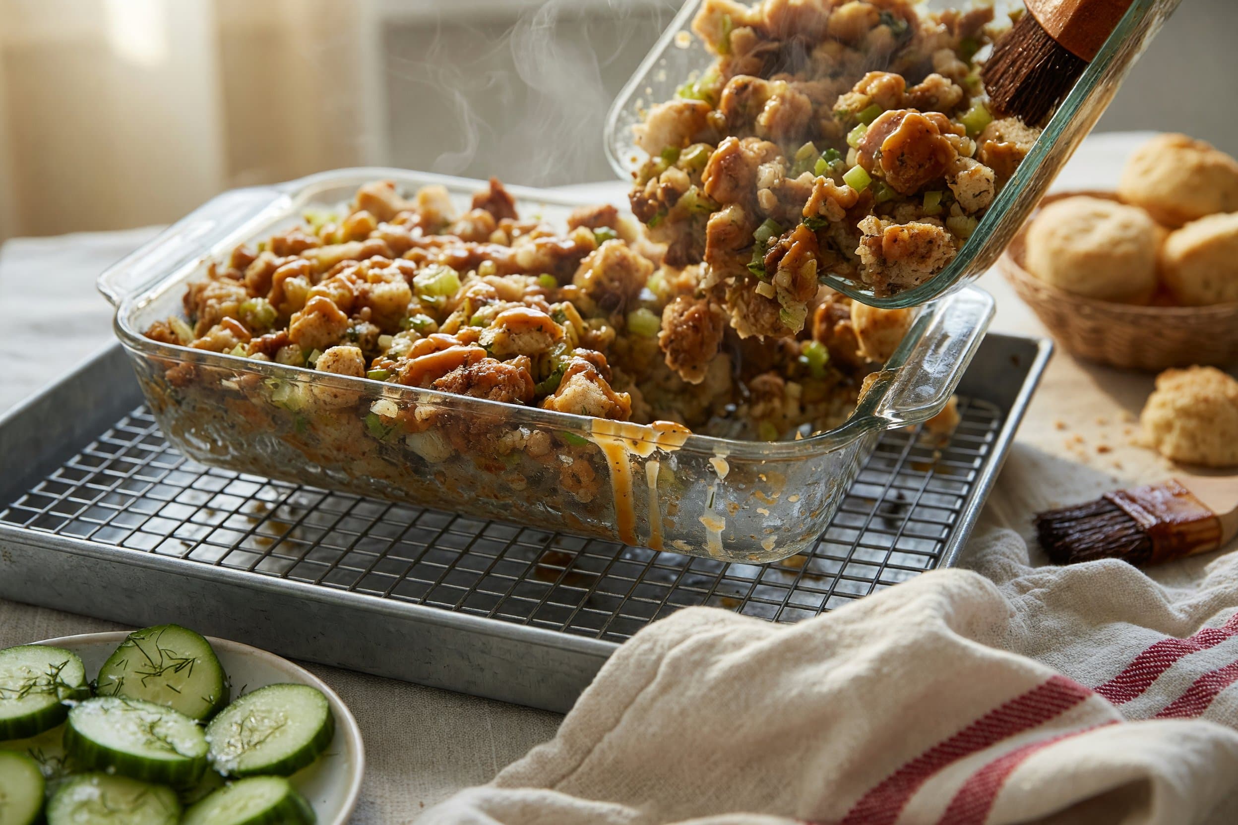 Bump the oven heat to 350 & Transfer this mixture to a greased 9x13 baking dish while preparing Easy Flavor Packed Stuffing Recipe