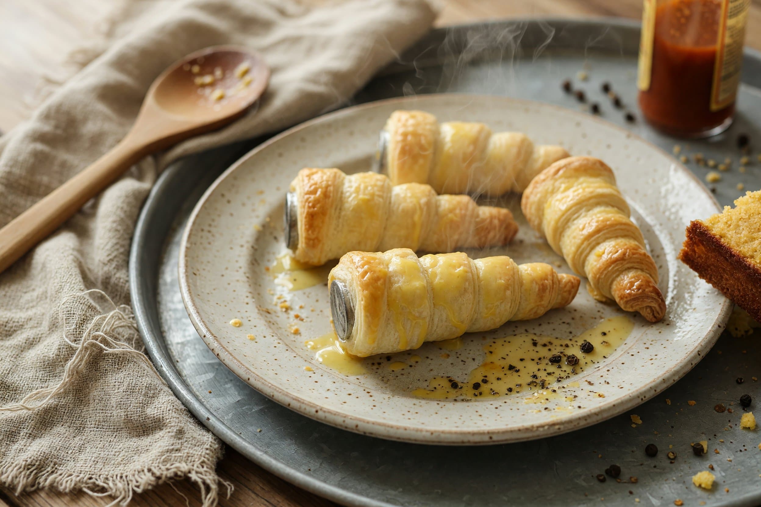 Brush the cream horns with egg wash and bake in the oven at 400°F for 20 minutes while preparing Puff Pastry Cream Horns