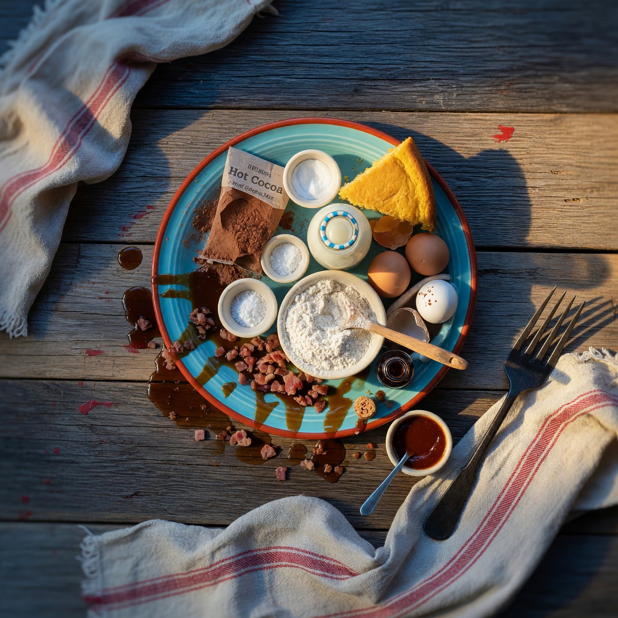 Overhead view of Hot Cocoa Mix, All-Purpose Flour, Baking Soda, Salt, Baking Powder, Milk, Eggs and Vanilla Extract arranged on a table
