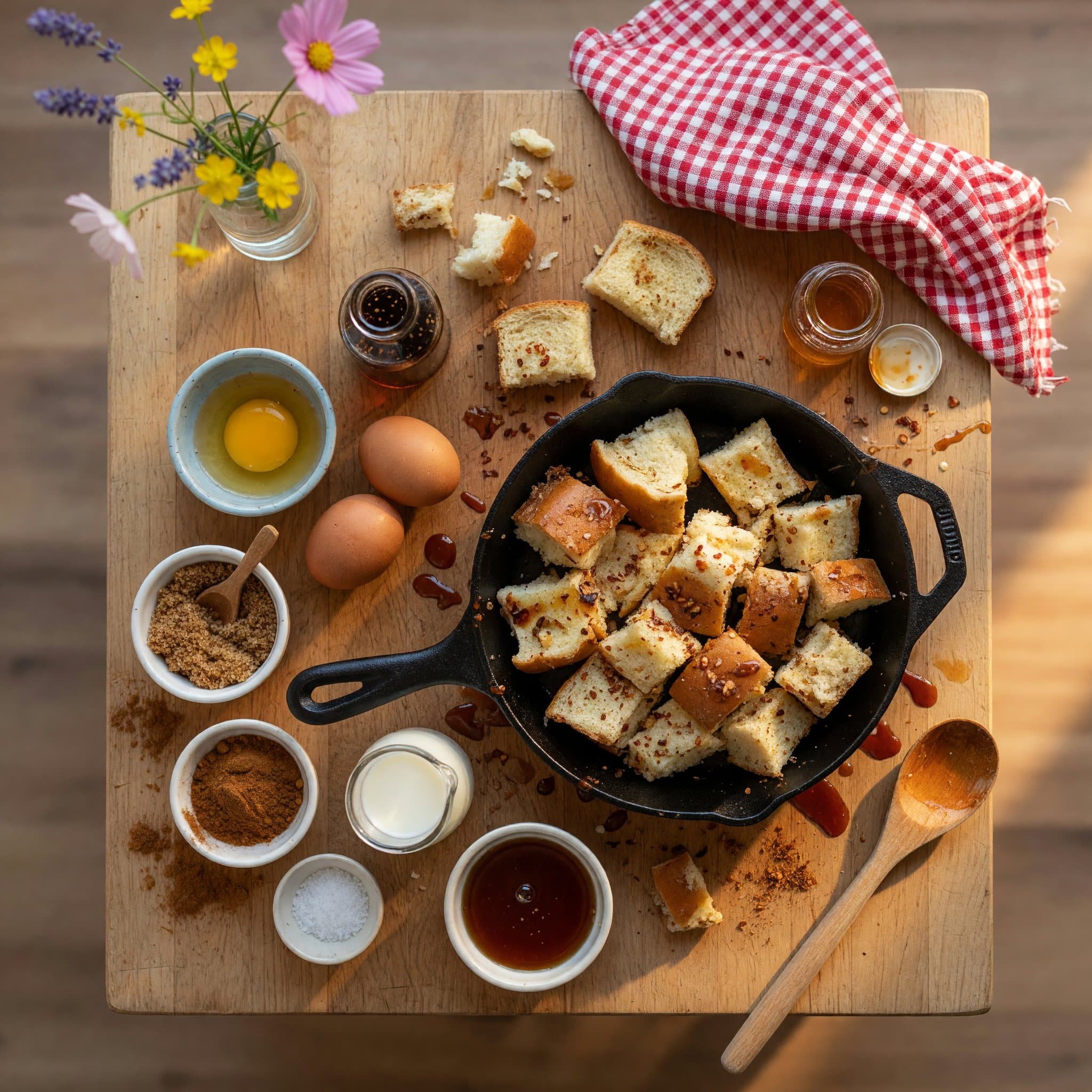 Overhead view of Brioche Bread, Brown Sugar, Cinnamon, Vanilla Extract, Salt, Eggs, Whole Milk and Syrup (For Dunking) arranged on a table