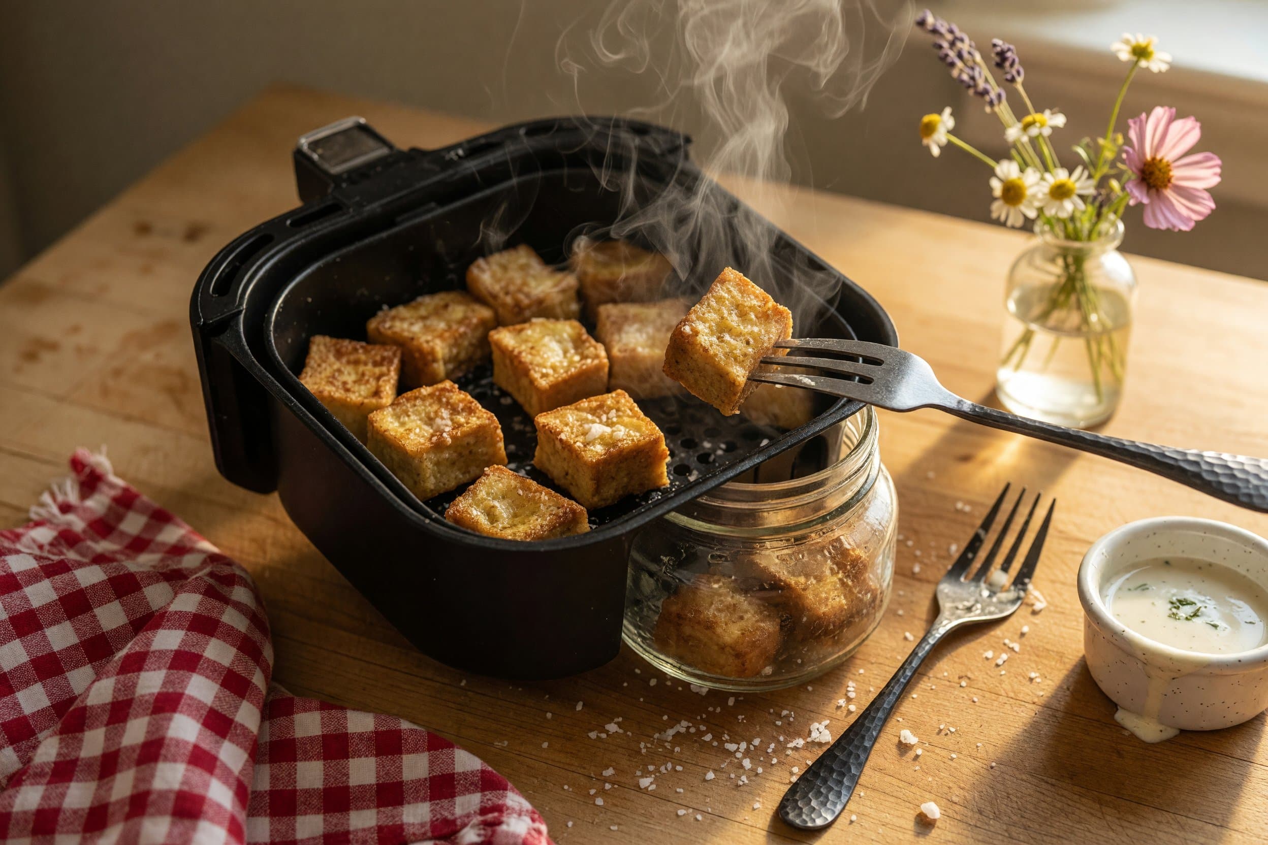 Pre heat your air fryer to 350°F and air fry your French toast pieces for 9 minu while preparing Air Fryer French Toast Bites