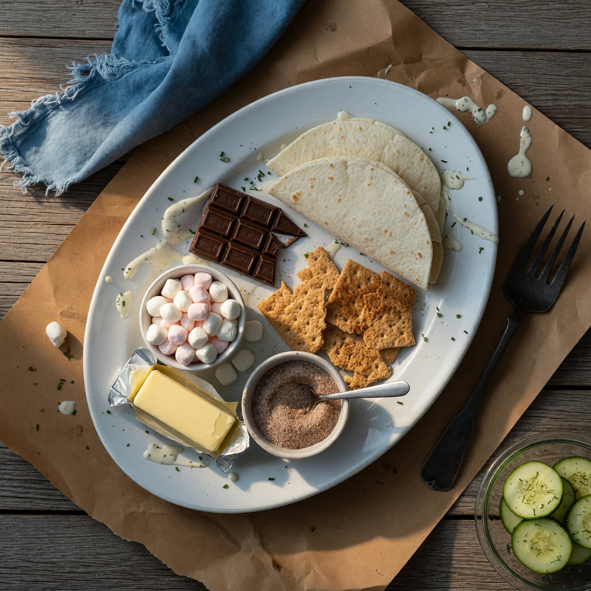 Overhead view of Flour Tortillas, Mini Marshmallows, Chocolate Bars, Graham Crackers, Butter and Cinnamon-Sugar arranged on a table