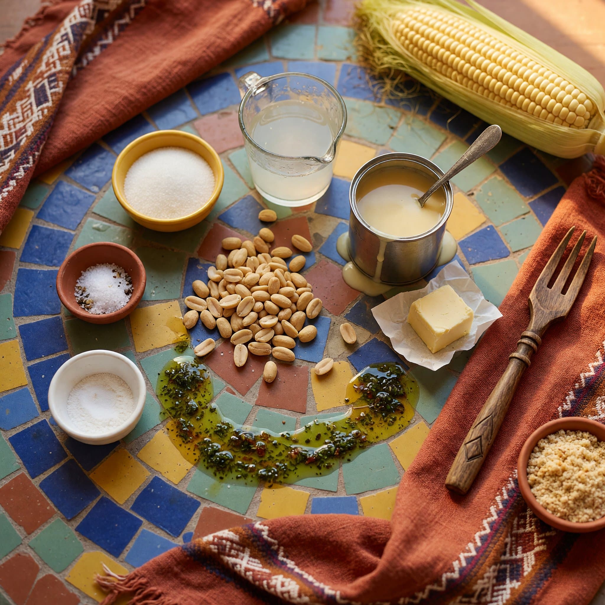 Overhead view of Peanuts (Skinless ), Sugar, Water, Sweetened condensed milk, Butter, Salt and Baking Powder arranged on a table