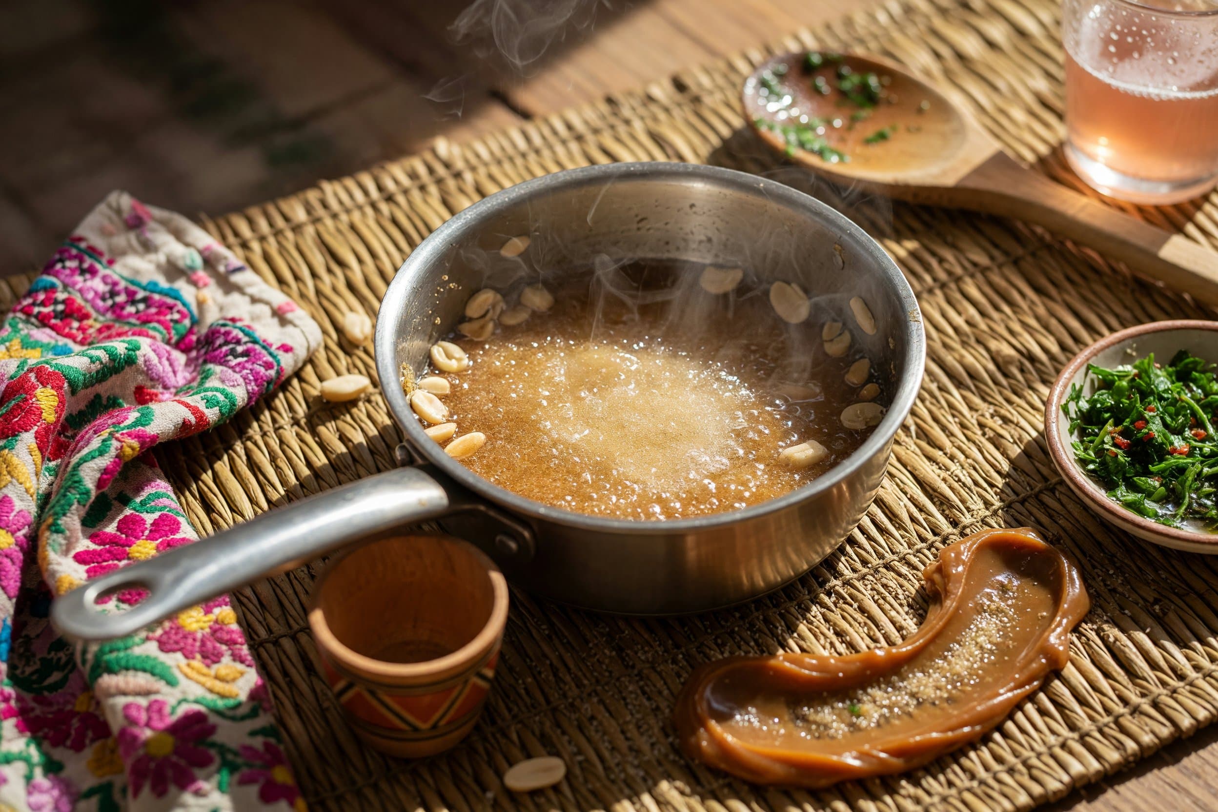 To a sauce pan over medium - high heat, add in your sugar and water while preparing Brazilian Peanut Crumble