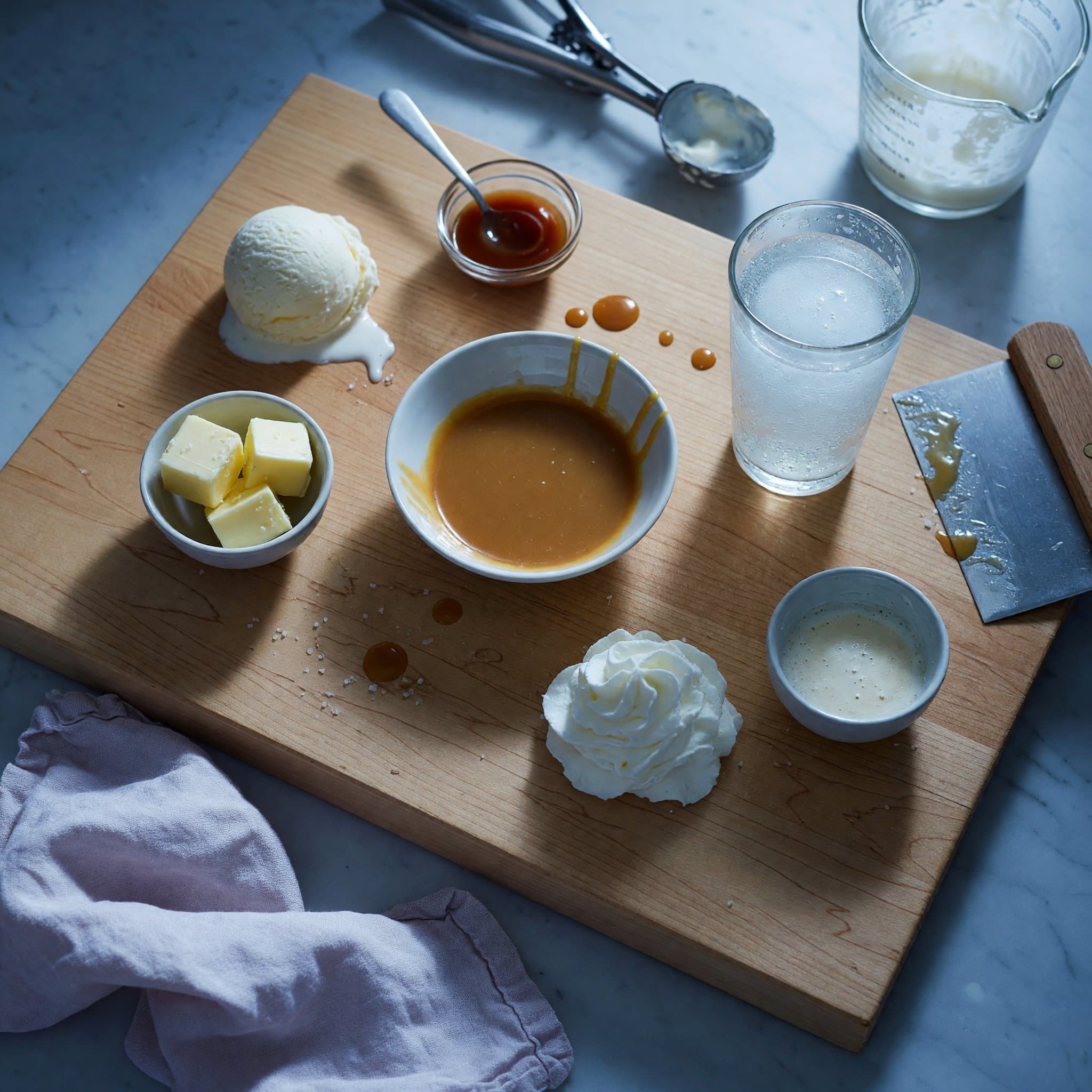 Overhead view of Vanilla Ice Cream, Cream Soda, Unsalted Butter, Butterscotch Sauce and Whipped Cream arranged on a table
