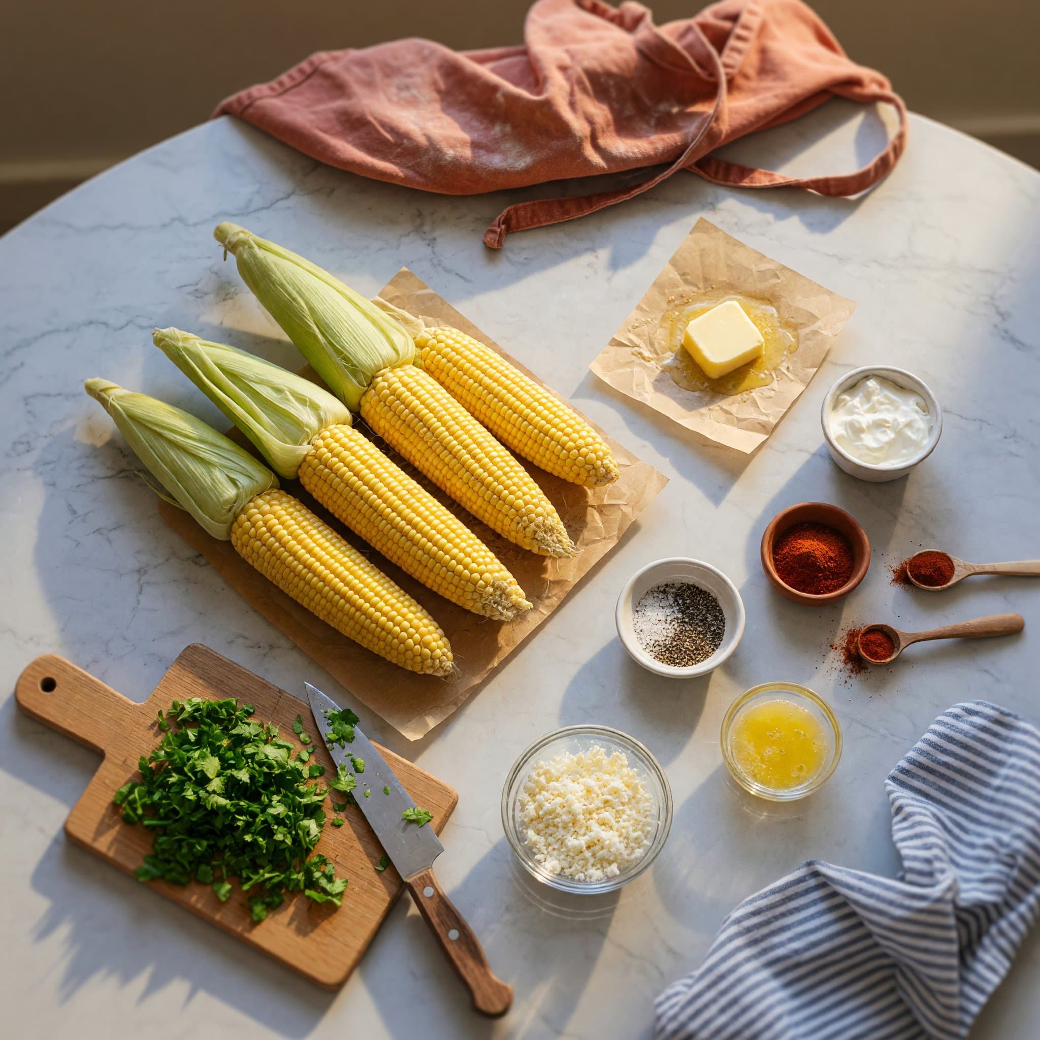 Overhead view of Corn On The Cob, Chili Powder, Sour Cream, Fresh Cilantro, Kosher Salt, Black Pepper, Butter and Cotija Cheese arranged on a table