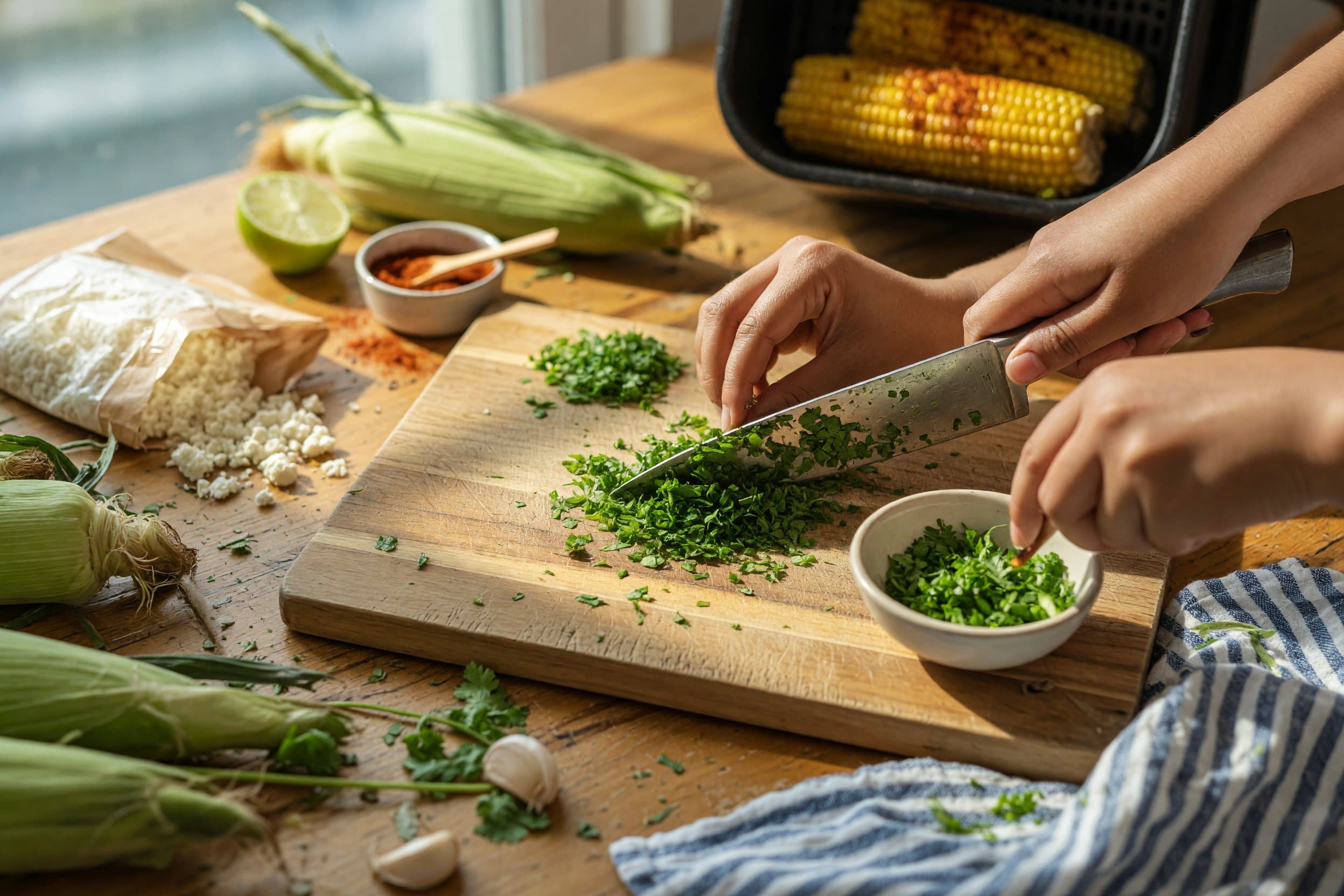 Chopping fresh cilantro while preparing Air Fryer Mexican Street Corn On The Cob (Elotes)