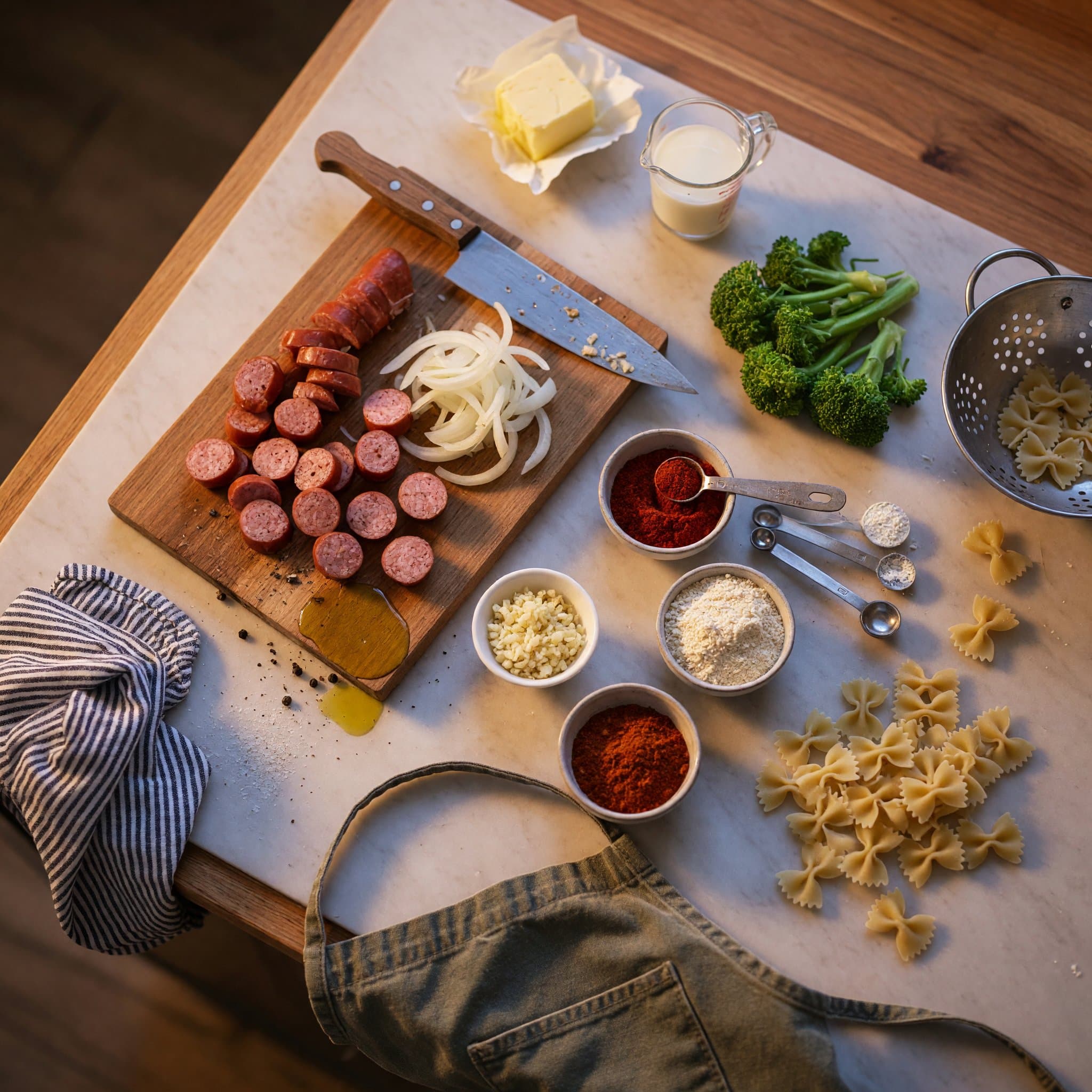 Overhead view of Bowtie Pasta, Smoked Sausage, Onion (Sliced Thin), Garlic Cloves (Minced), Olive Oil, Butter, All-Purpose Flour and Smoked Paprika arranged on a table