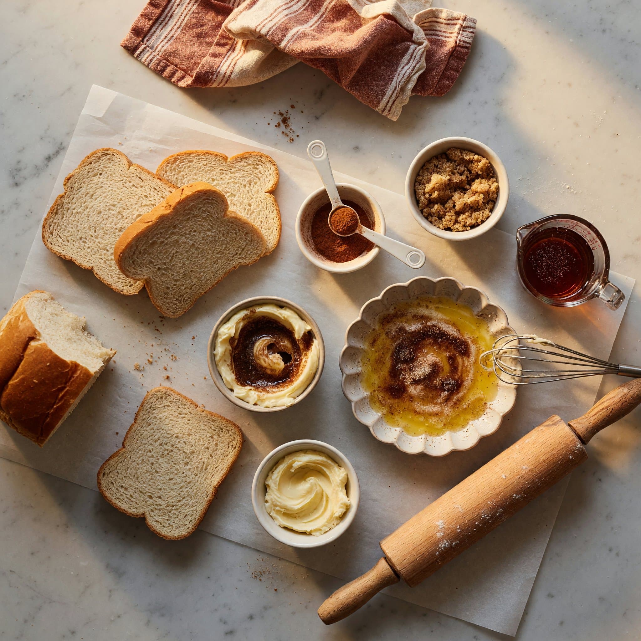 Overhead view of Bread, Butter, Sugar, Cinnamon, Syrup, Butter, Brown Sugar and Cinnamon arranged on a table