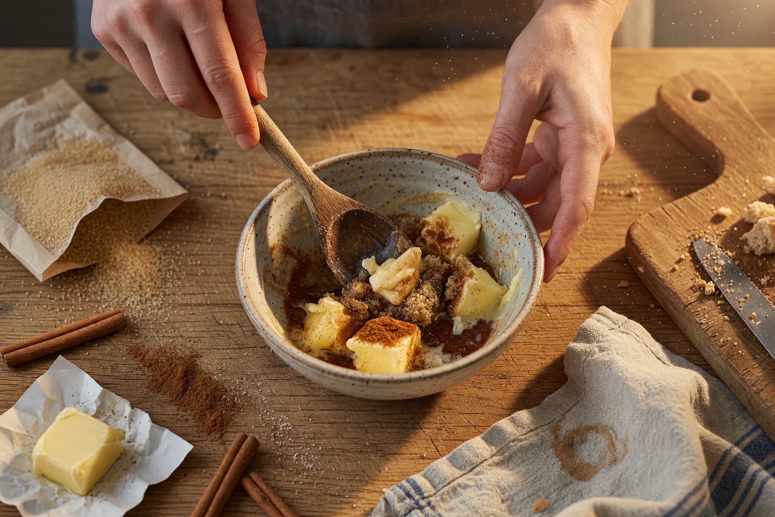Stirring butter, brown sugar, and cinnamon while preparing Cinnamon Roll French Toast Sticks
