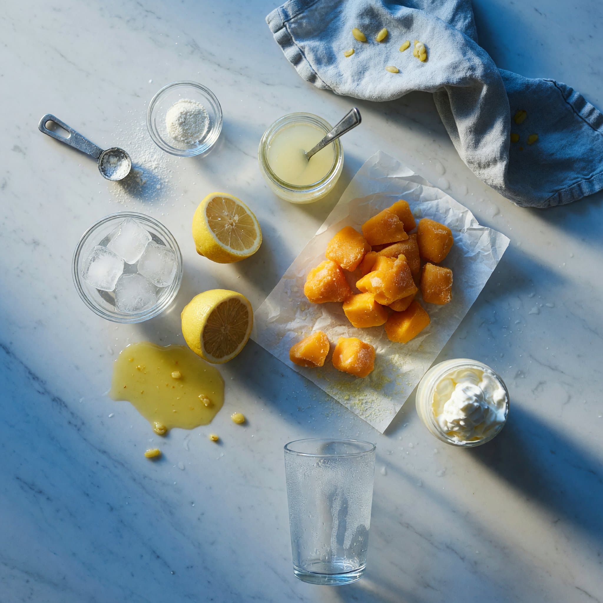 Overhead view of Lemonade, Ice, Frozen Mango, Xanthan Gum and Whipped Cream arranged on a table
