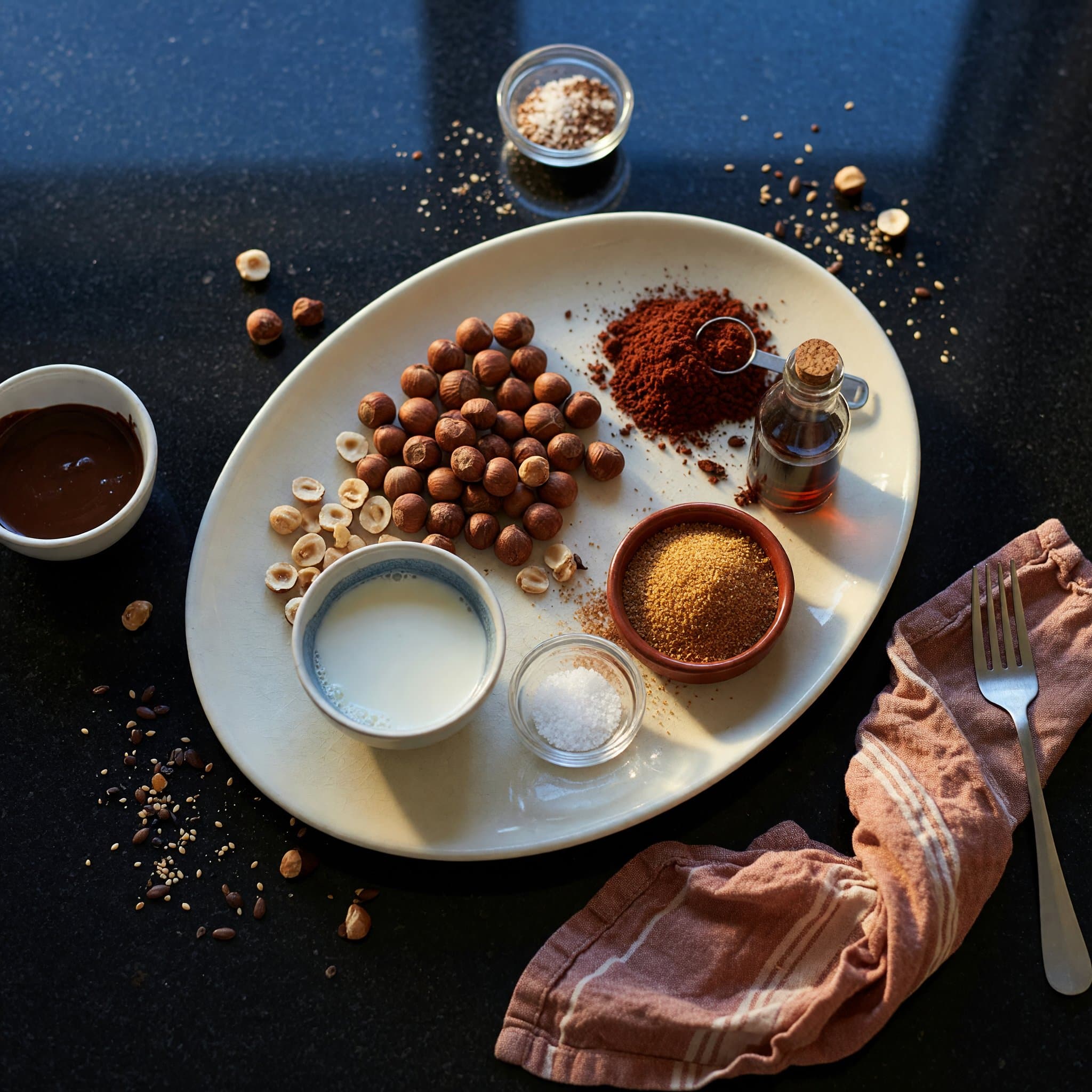 Overhead view of Hazelnuts, Pure Vanilla Extract, Cocoa Powder, Sweetener, Salt and Milk arranged on a table