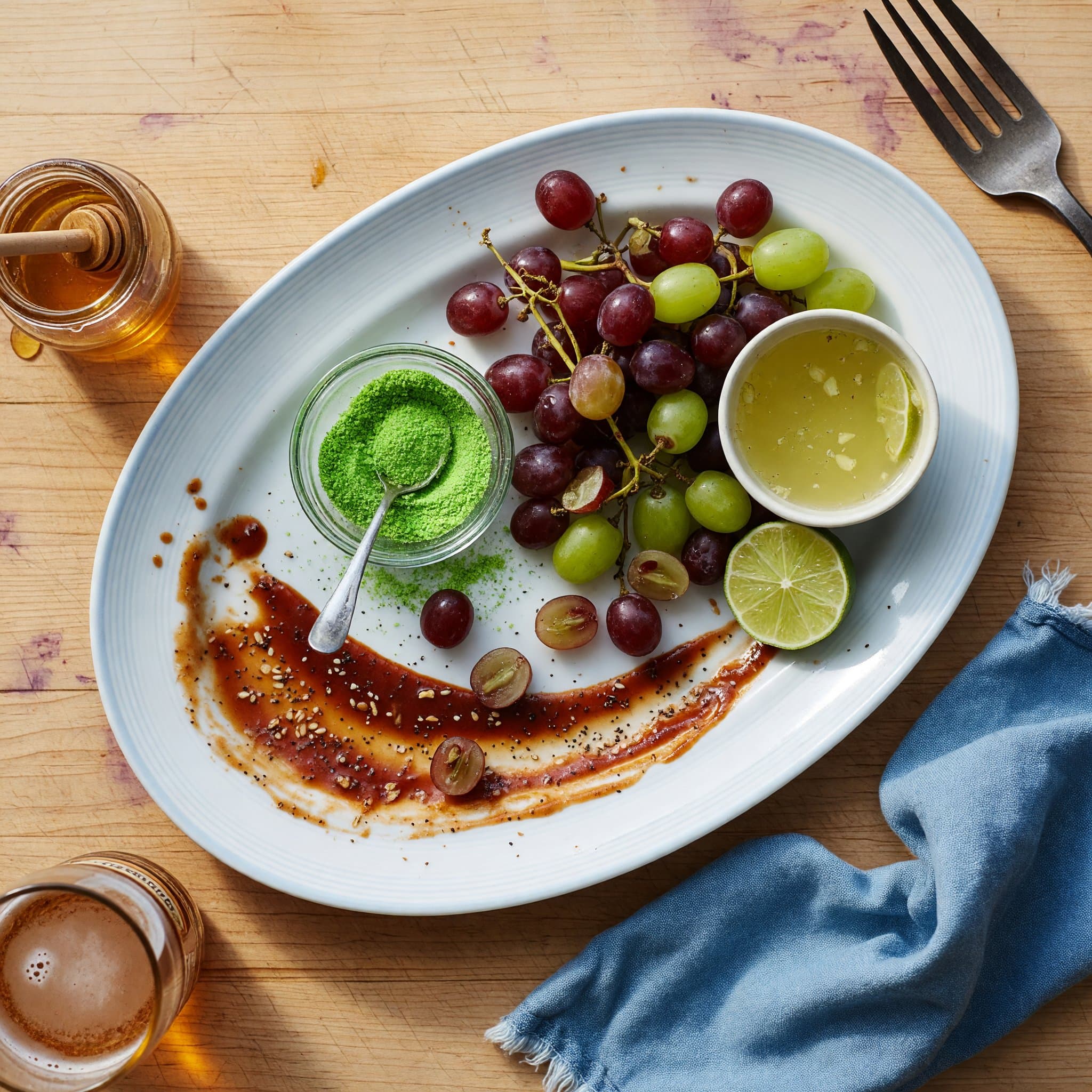 Overhead view of Grapes, Lime Juice and Jello Mix arranged on a table