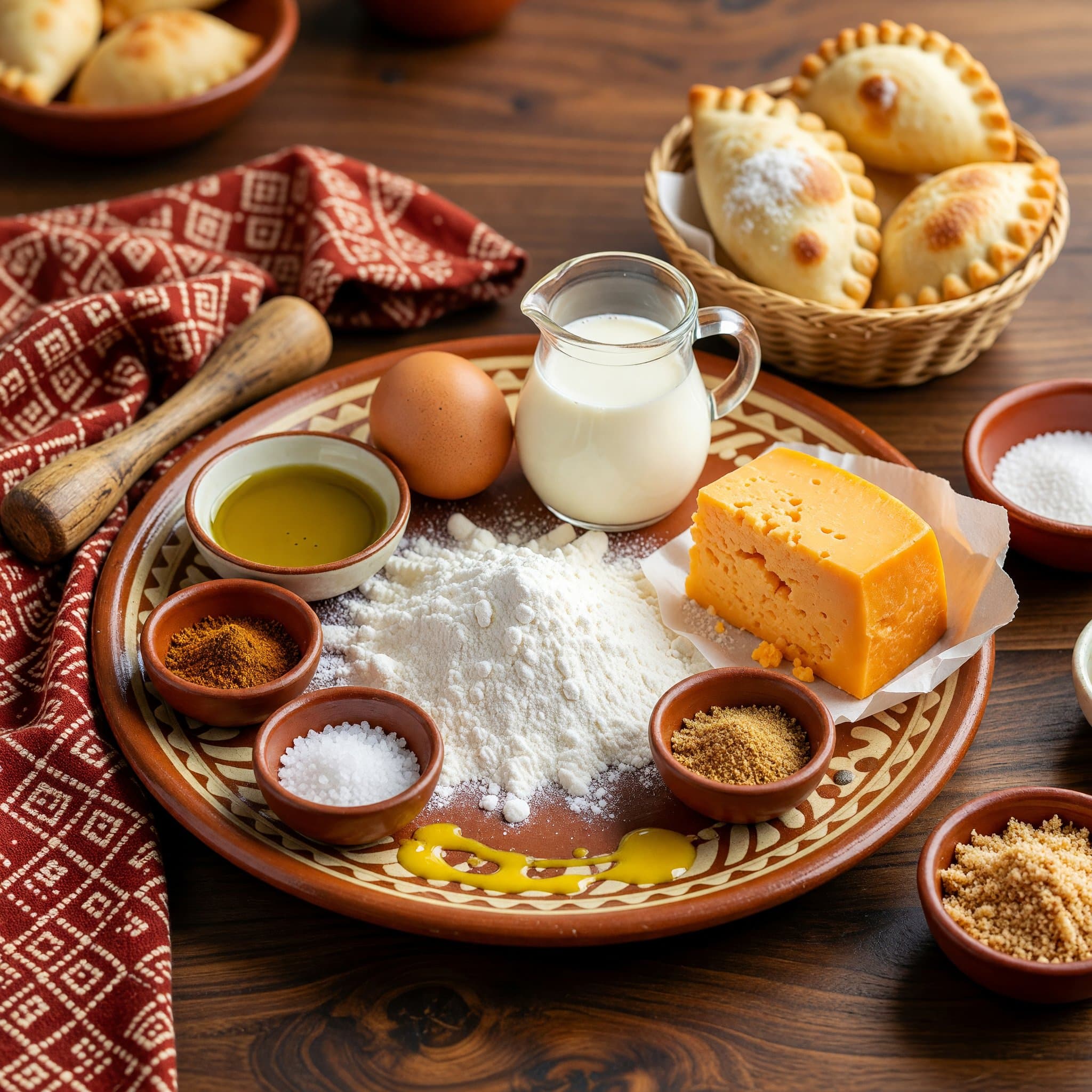 Overhead view of Tapioca Flour, Egg, Milk, Olive Oil, Salt and Sharp Cheddar Cheese arranged on a table