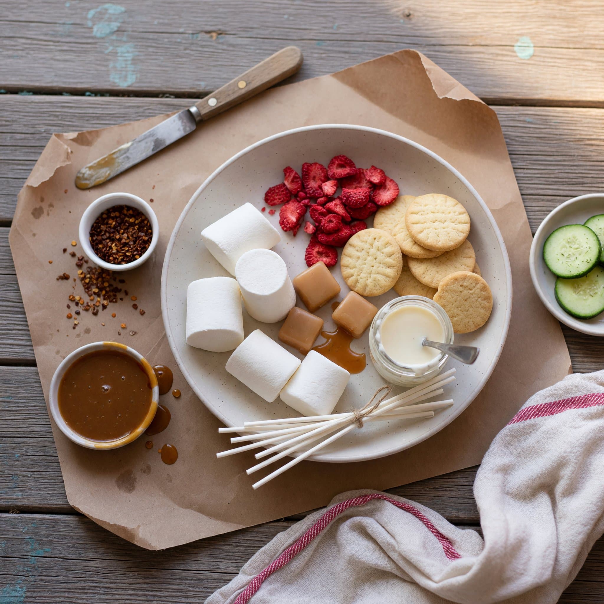 Overhead view of Marshmallows, Shortbread Cookies, Freeze-Dried Strawberries, Melting Caramels, Heavy Cream and Cake Pop Sticks arranged on a table