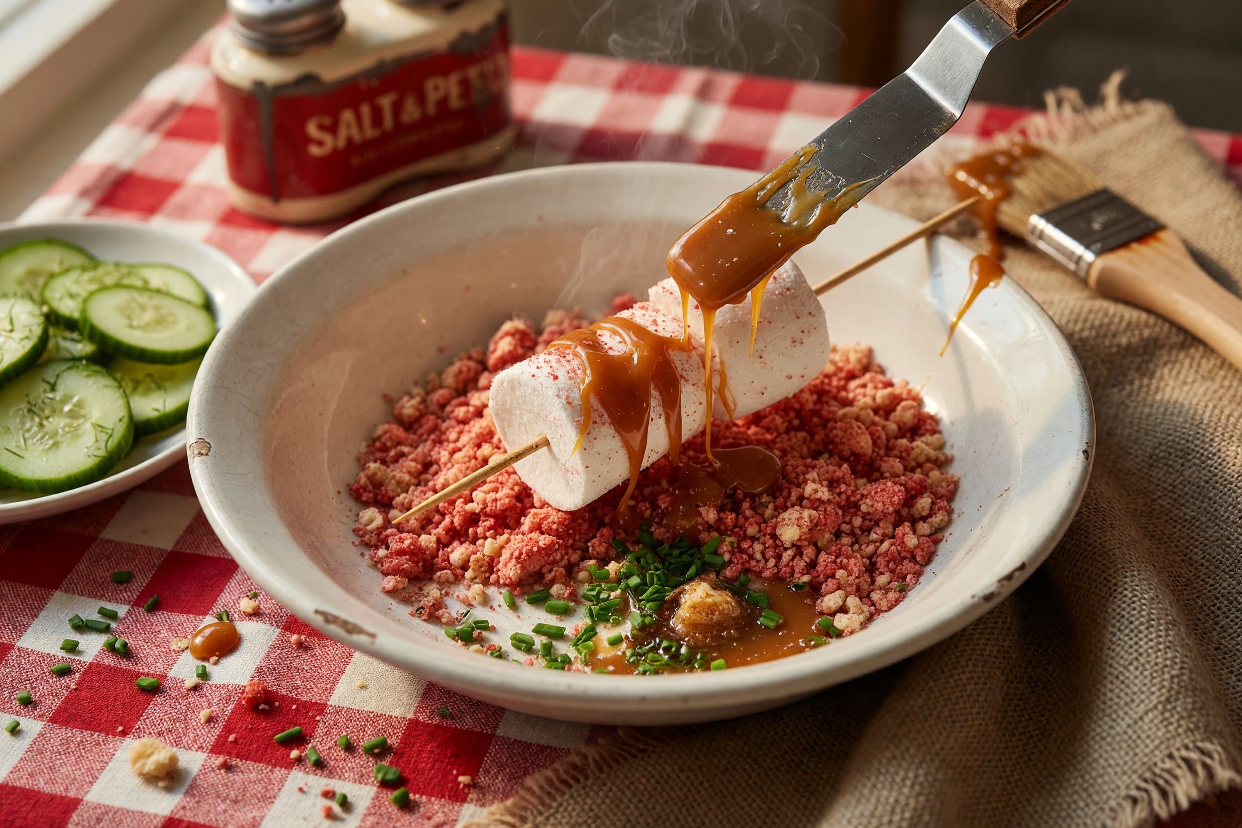 Scrape off excess caramel and roll/cover in the shortcake strawberry mixture while preparing Strawberry Shortcake Marshmallow Wands