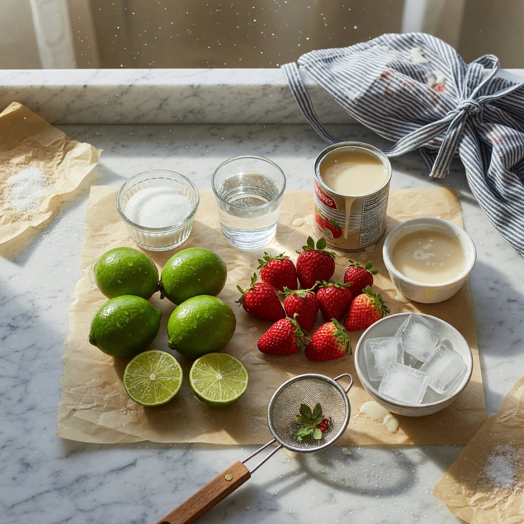 Overhead view of Limes (Thoroughly Washed), Water, Strawberries, Sweetened Condensed Milk, Ice and Granulated Sugar arranged on a table