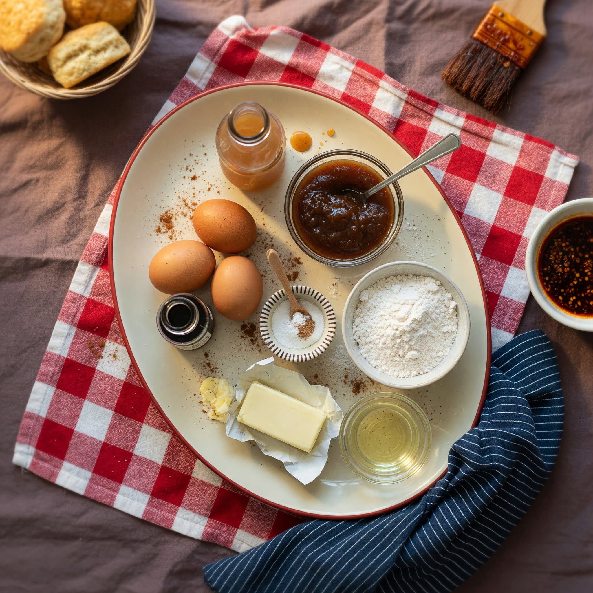 Overhead view of apple cider, apple butter, eggs, Vanilla Extract, vegetable oil, Butter, flour and Baking Powder arranged on a table