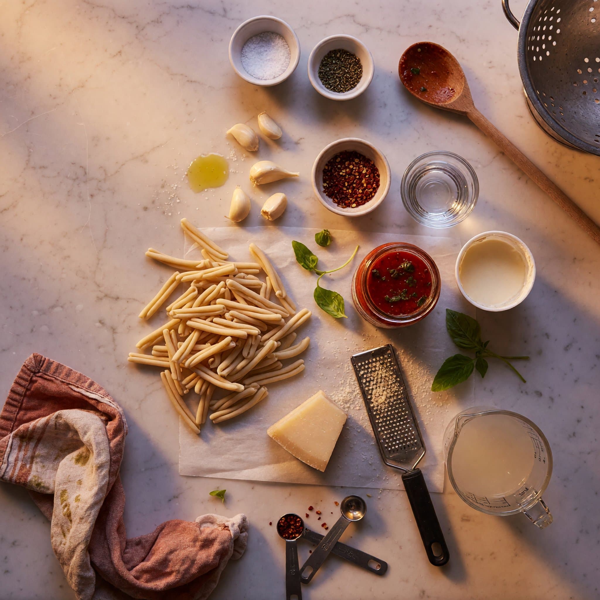 Overhead view of Casarecce Pasta, Olive Oil, Garlic Cloves, Red Pepper Flakes, Vodka, Bona Fortuna Basil Marinara, Heavy Cream and Parmesan Cheese arranged on a table