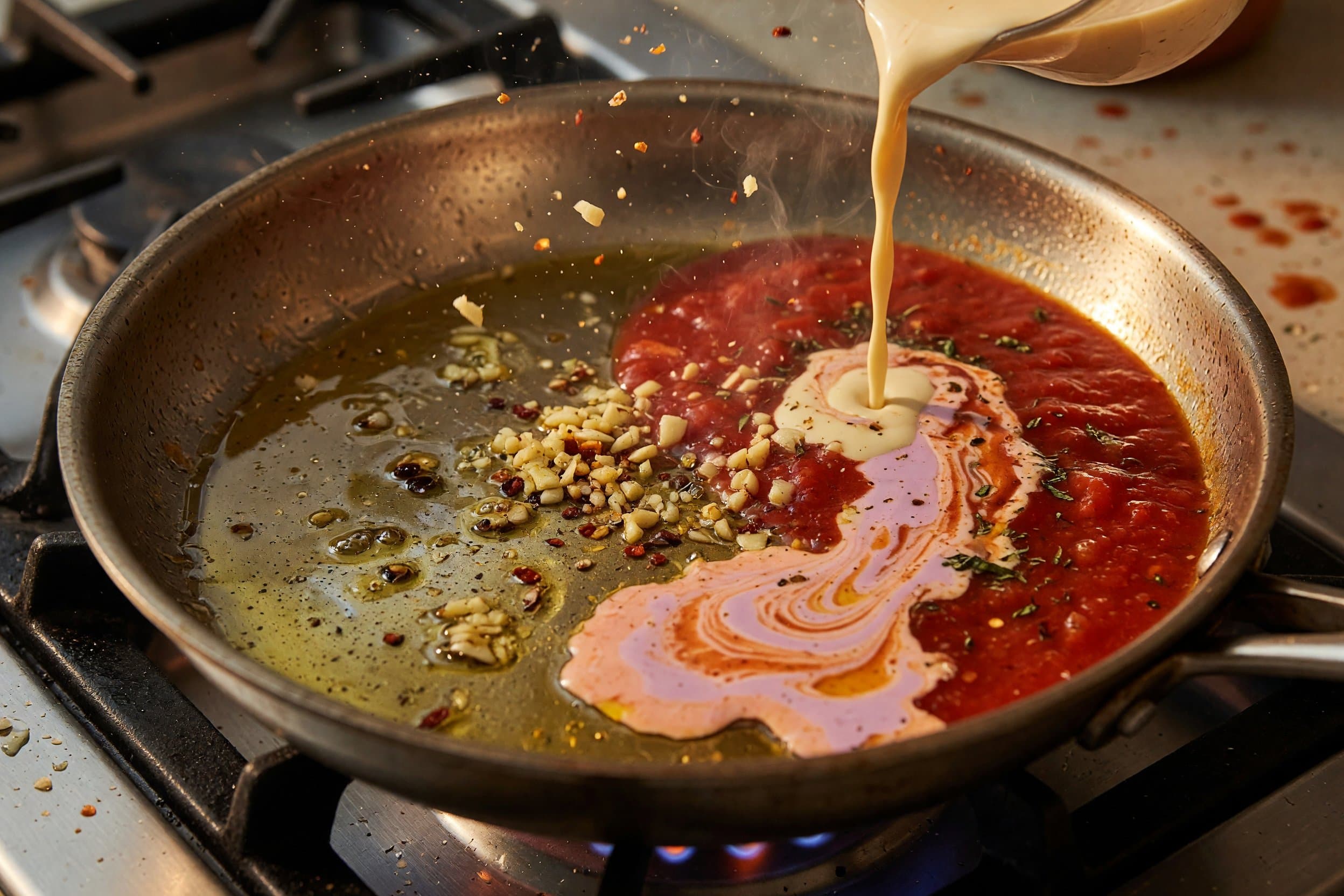 Sauteing garlic and red pepper flakes while preparing Vodka Sauce Casarecce with Bona Fortuna Basil Marinara
