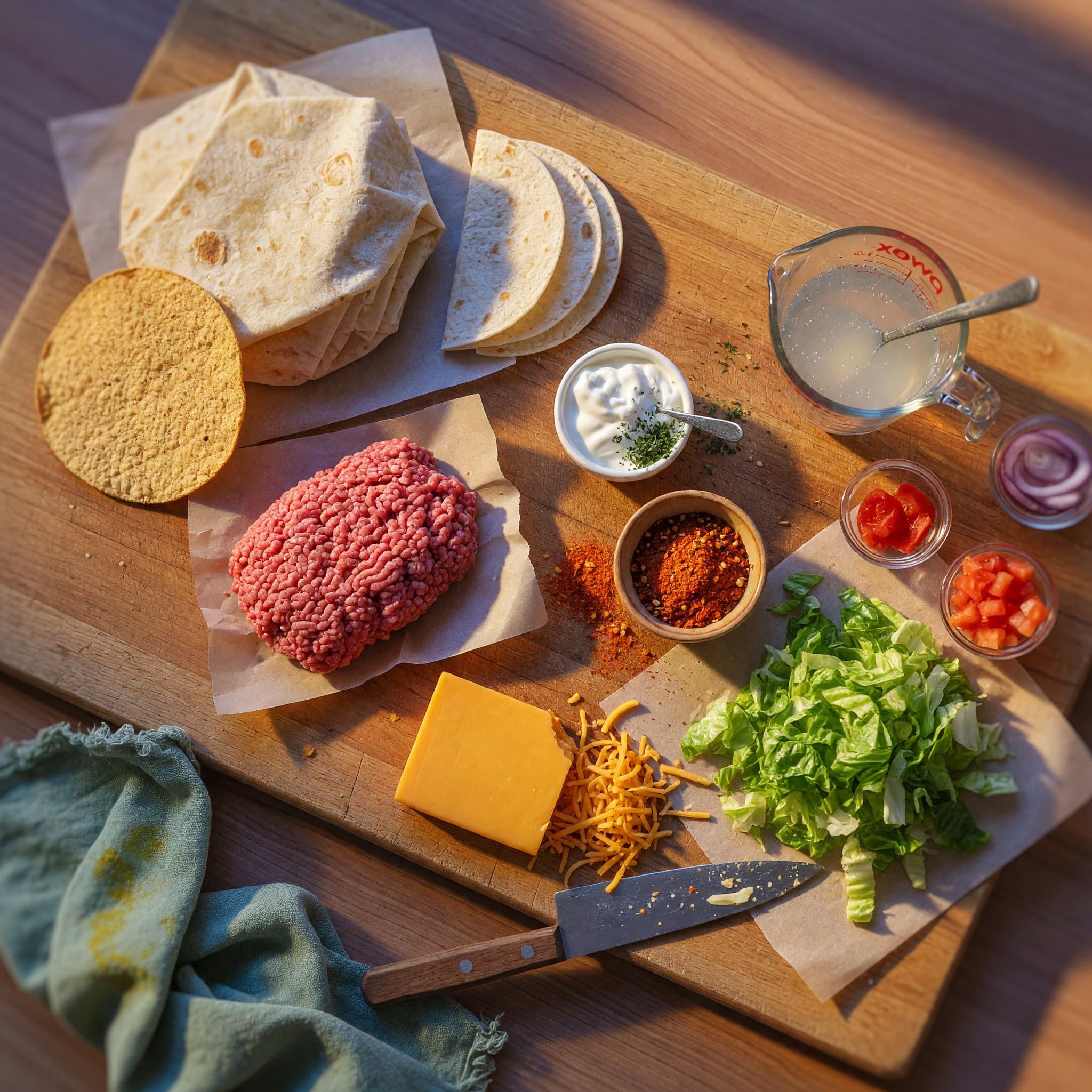 Overhead view of Burrito Sized Tortillas (Extra Large), Taco Sized Tortillas, Tostadas, Ground Beef, Taco Seasoning, Cheddar Cheese, Sour Cream and Lettuce arranged on a table