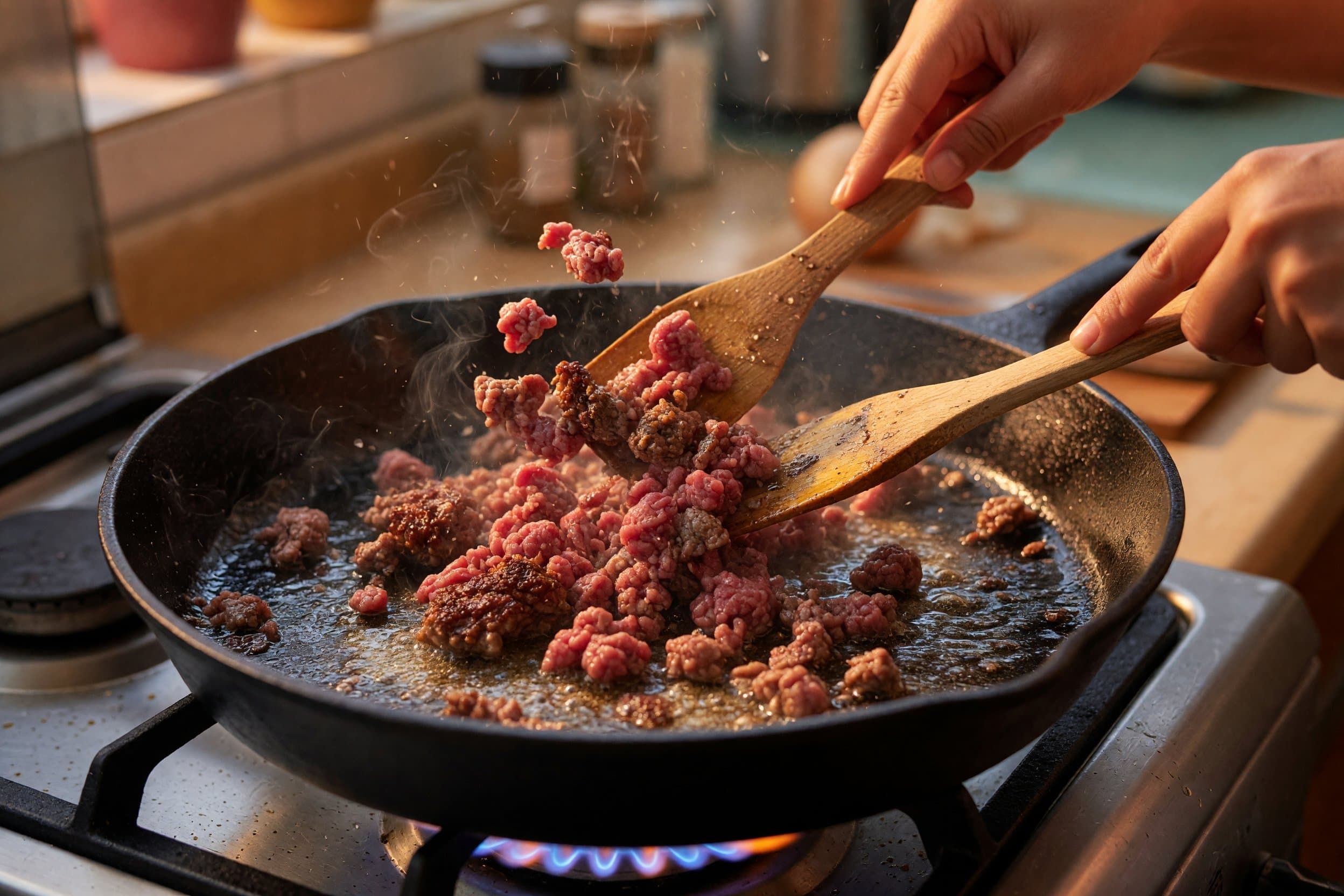 Searing ground beef while preparing The BEST Crunchwrap Supreme