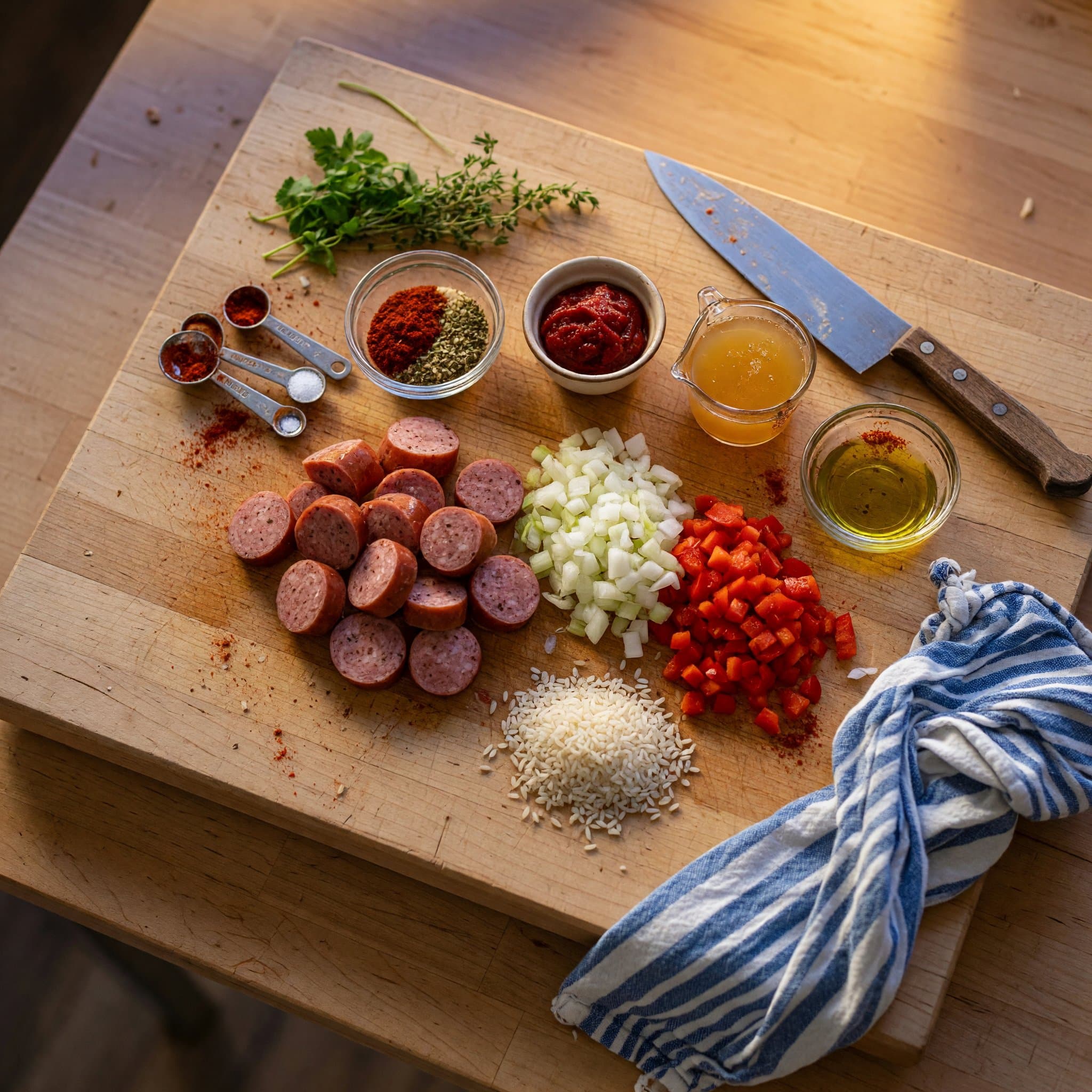 Overhead view of Smoked Sausage, Onion, Red Bell Pepper, Olive Oil, Paprika, Oregano, Garlic Powder and Salt arranged on a table