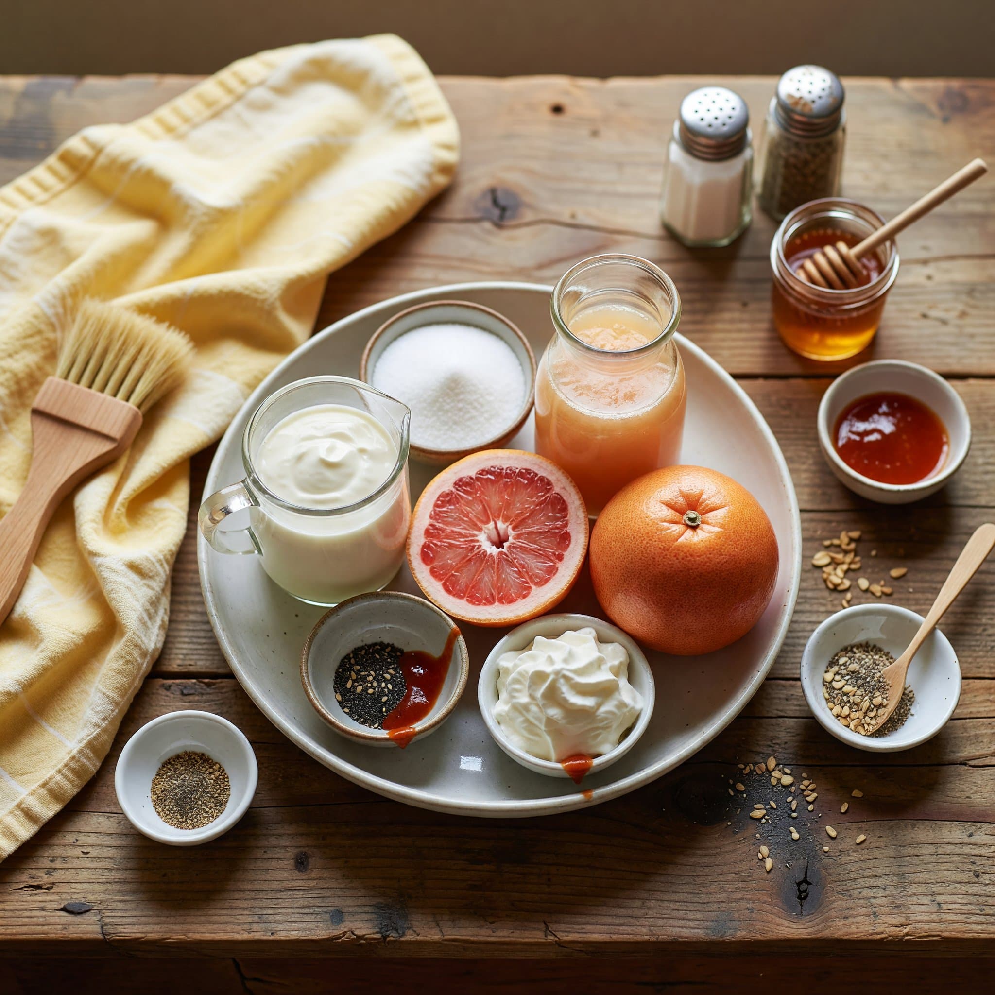 Overhead view of Heavy Cream, Granulated Sugar, Grapefruit Juice, Grapefruit, Sugar and Whipped Cream arranged on a table